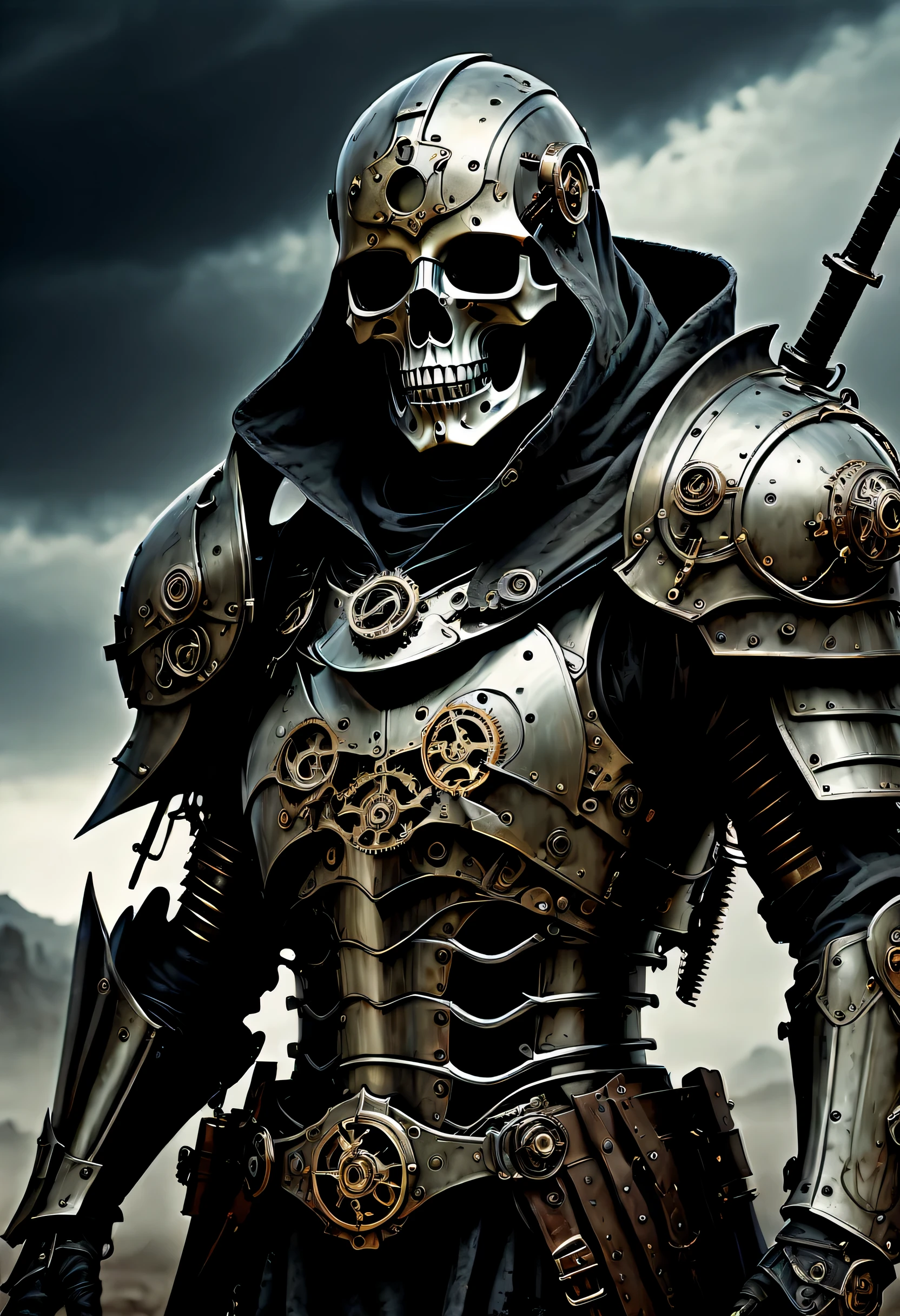 (((perfectly made、Beautiful mechanical warrior:1.3))), stunning mechanical armor, In the wind, On a devastated battlefield, The presence of the god of death hangs heavily in the air., intricate details, Stylish and delicate brush strokes, Perfect skin makes you a warrior, Cool, stylish essence and complexity, Top quality full body shots, Like an illustration photo, Immerse yourself in a steampunk world of visually descriptive details, Impeccable artwork and top-quality execution raise the bar, sickle ready, Mastery and Attention Shoulder Shield Details, A rippling tattered cloak, Added dark fantasy elements, Backgrounds full of unforgettable details, The destruction and despair that occurred, A dark and chilling picture, (The essence of death and desolation and the gloomy atmosphere:1.1), A hauntingly beautiful depiction of the aftermath of war.,