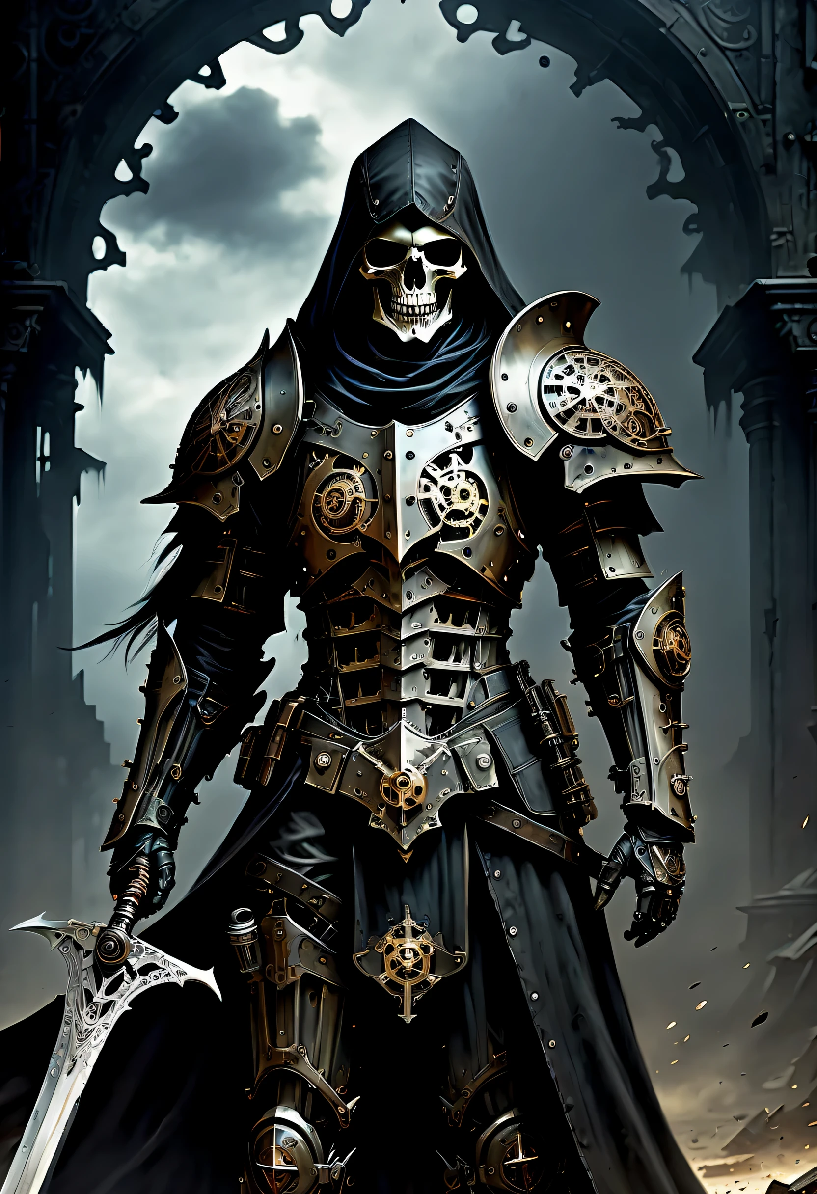 (((perfectly made、Beautiful mechanical warrior:1.3))), stunning mechanical armor, In the wind, On a devastated battlefield, The presence of the god of death hangs heavily in the air., intricate details, Stylish and delicate brush strokes, Perfect skin makes you a warrior, Cool, stylish essence and complexity, Top quality full body shots, Like an illustration photo, Immerse yourself in a steampunk world of visually descriptive details, Impeccable artwork and top-quality execution raise the bar, sickle ready, Mastery and Attention Shoulder Shield Details, A rippling tattered cloak, Added dark fantasy elements, Backgrounds full of unforgettable details, The destruction and despair that occurred, A dark and chilling picture, (The essence of death and desolation and the gloomy atmosphere:1.1), A hauntingly beautiful depiction of the aftermath of war.,