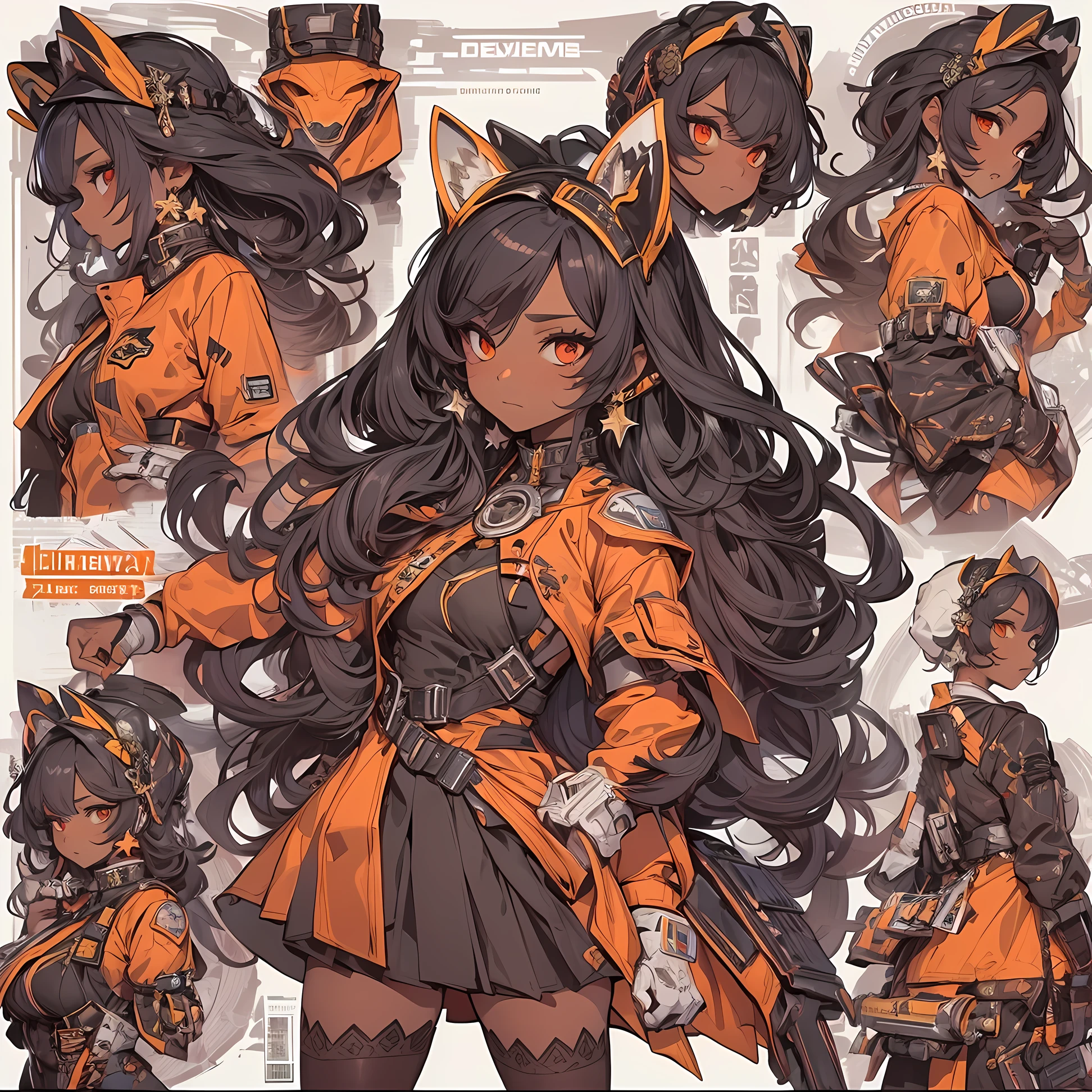 ((Masterpiece, Highest quality)), Detailed face, CharacterDesignSheet, full bodyesbian, Full of details, Multiple poses and expressions, Highly detailed, Depth, Many parts,Beautiful spy,dark brown skin, Holding a shield,long black hair,red eyes, estilo fantasia,Orange caramel,Extremely beautiful,High Balance, Natural light, Lace,lacepantyhose,Galaxy décor,Star decoration