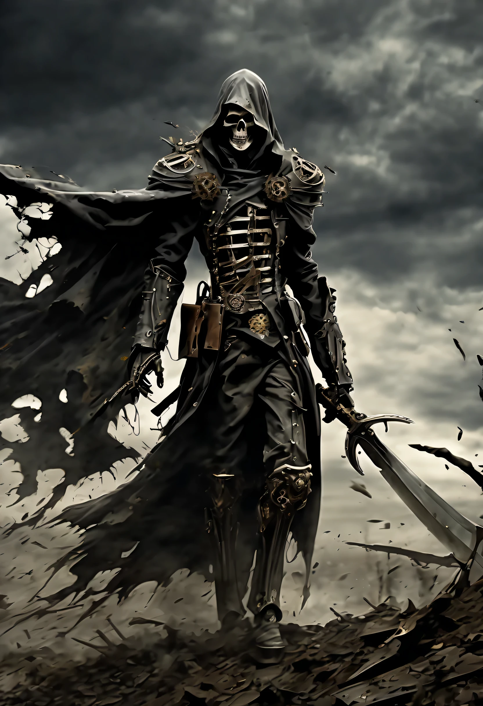 perfectly made、Beautiful mechanical warrior, In the wind, On a devastated battlefield, The presence of the god of death hangs heavily in the air., intricate details, Stylish and delicate brush strokes, Perfect skin makes you a warrior, Cool, stylish essence and complexity, Top quality full body shots, Like an illustration photo, Immerse yourself in a steampunk world of visually descriptive details, Impeccable artwork and top-quality execution raise the bar, sickle ready, Mastery and Attention Shoulder Shield Details, A rippling tattered cloak, Added dark fantasy elements, Backgrounds full of unforgettable details, The destruction and despair that occurred, A dark and chilling picture, (The essence of death and desolation and the gloomy atmosphere:1.1), A hauntingly beautiful depiction of the aftermath of war.,