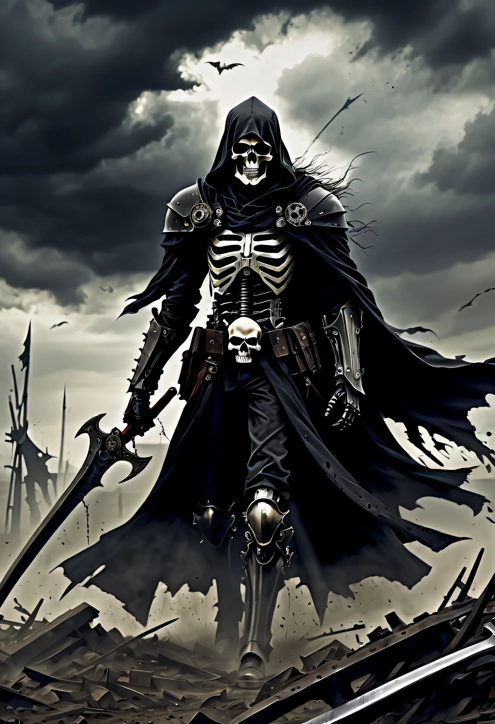 perfectly made、Beautiful mechanical warrior, In the wind, On a devastated battlefield, The presence of the god of death hangs heavily in the air., intricate details, Stylish and delicate brush strokes, Perfect skin makes you a warrior, Cool, stylish essence and complexity, Top quality full body shots, Like an illustration photo, Immerse yourself in a steampunk world of visually descriptive details, Impeccable artwork and top-quality execution raise the bar, sickle ready, Mastery and Attention Shoulder Shield Details, A rippling tattered cloak, Added dark fantasy elements, Backgrounds full of unforgettable details, The destruction and despair that occurred, A dark and chilling picture, (The essence of death and desolation and the gloomy atmosphere:1.1), A hauntingly beautiful depiction of the aftermath of war.,