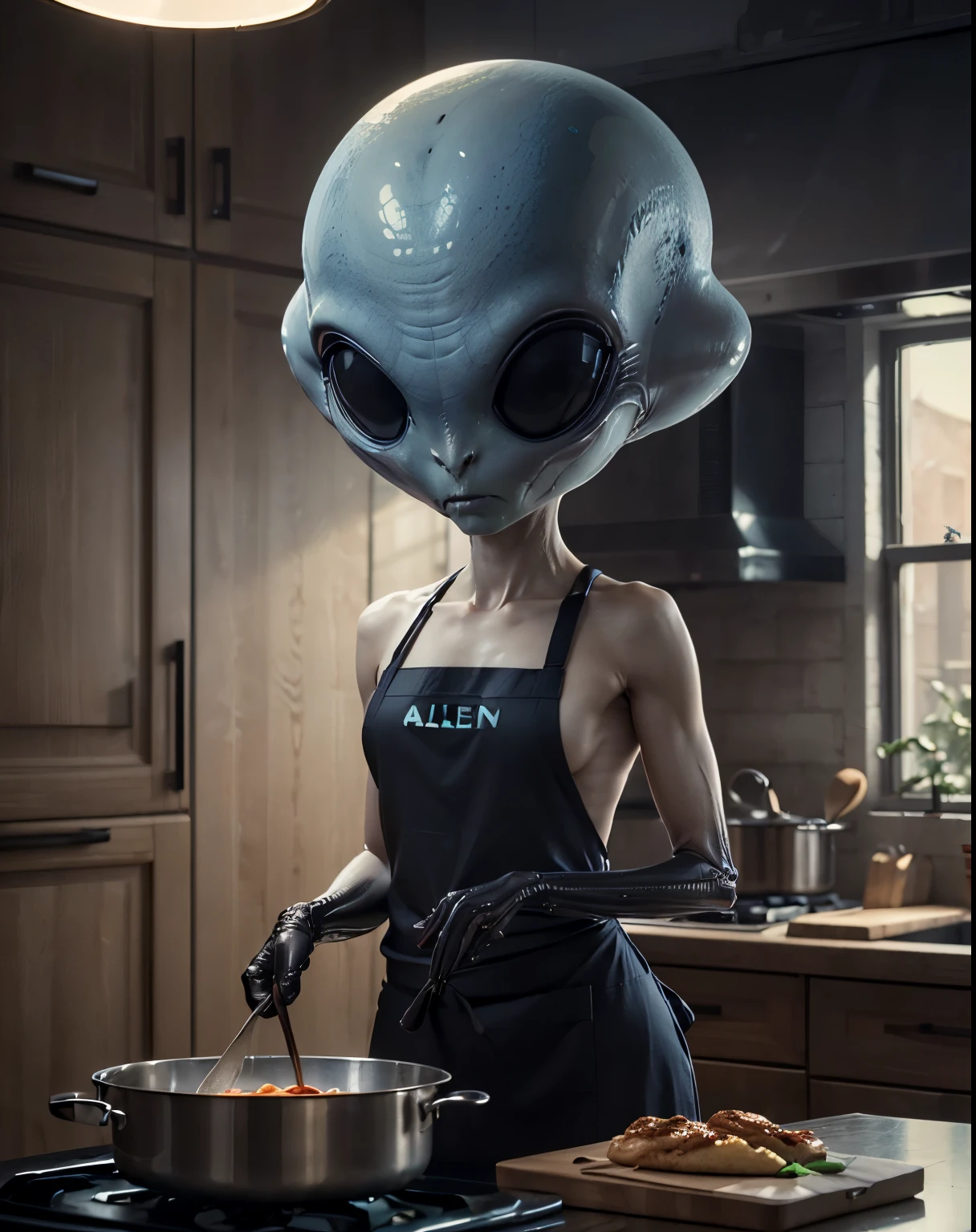 (an alien with a big head:1.4), apron and cooking in a kitchen, extraterrestrial, (best quality, 4k, highres, masterpiece:1.2), ultra-detailed, HDR, professional, vivid colors, sci-fi style, vibrant lighting