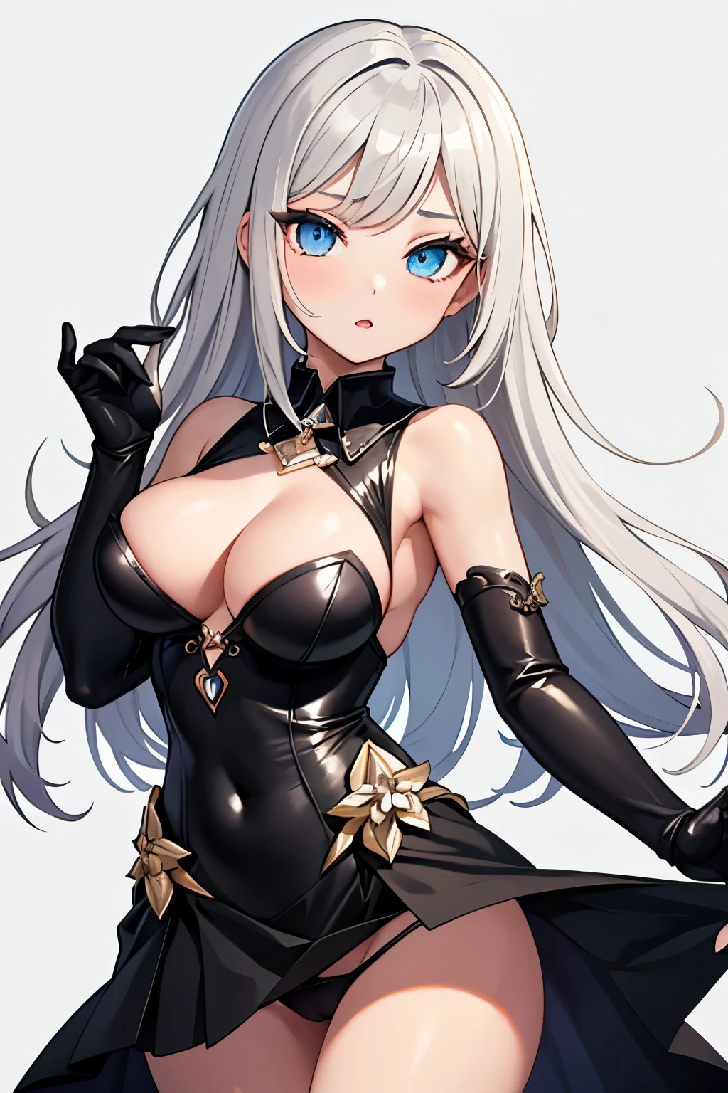 1girl, anime, cute girl, blank background, white background, fantasy, detailed dark fantasy dress with highlights, beautiful face, beautiful eyes, dark colors, silver hair, medium breasts, slight cleavage, beautiful skin, cute, breast curtains, extremely delicate and beautiful, (beautiful detailed face:1.0), (detailed deep eyes), symmetrical breasts, deep eyes, shiny skin, portrait, slender waist, hips wider than shoulders, thighs, expressionless, young girl, luminous eyes, adorable，（Kpop idol）,（aegyo sal：1），（Platinum blonde hair：1），（（puffy eye）），Black panty，sexy posture，Superskirt, 超高分辨率，Black collar，