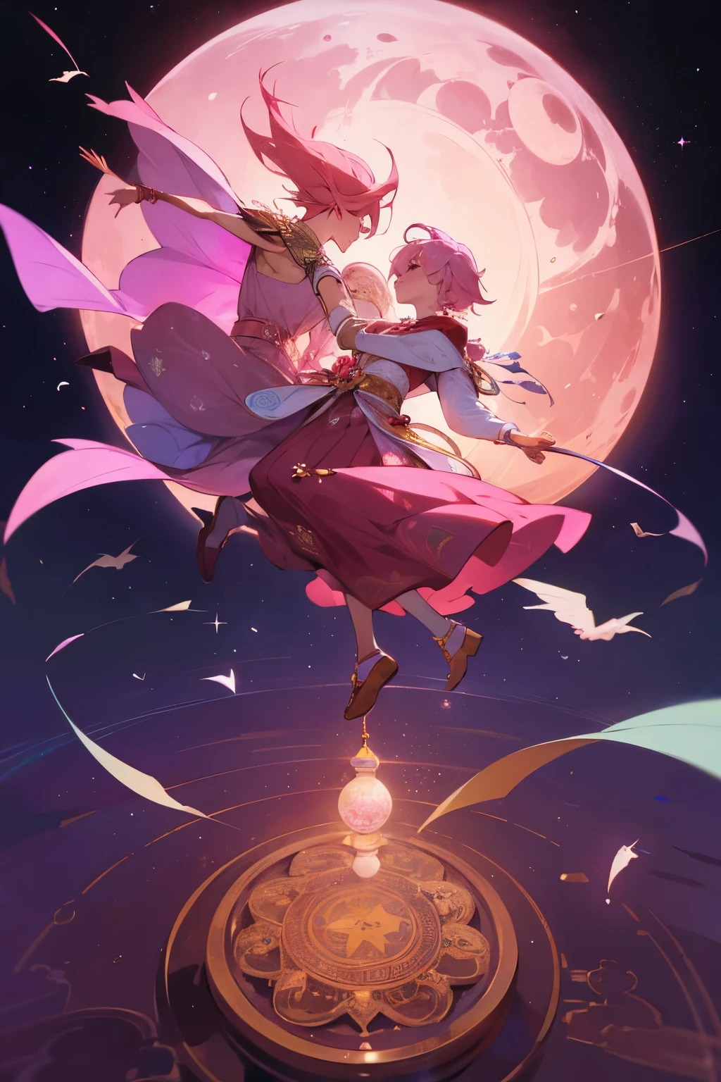 Masterpiece, (high - resolution), Males couple, boys love, pink hair, prince, dreamy atmosphere, night sky, dance outdoor, bird view, elevated shot, mandala floor, hindu pattern, hindu costume, traditional costume, moon phases flying around them, small planets floating around, magical