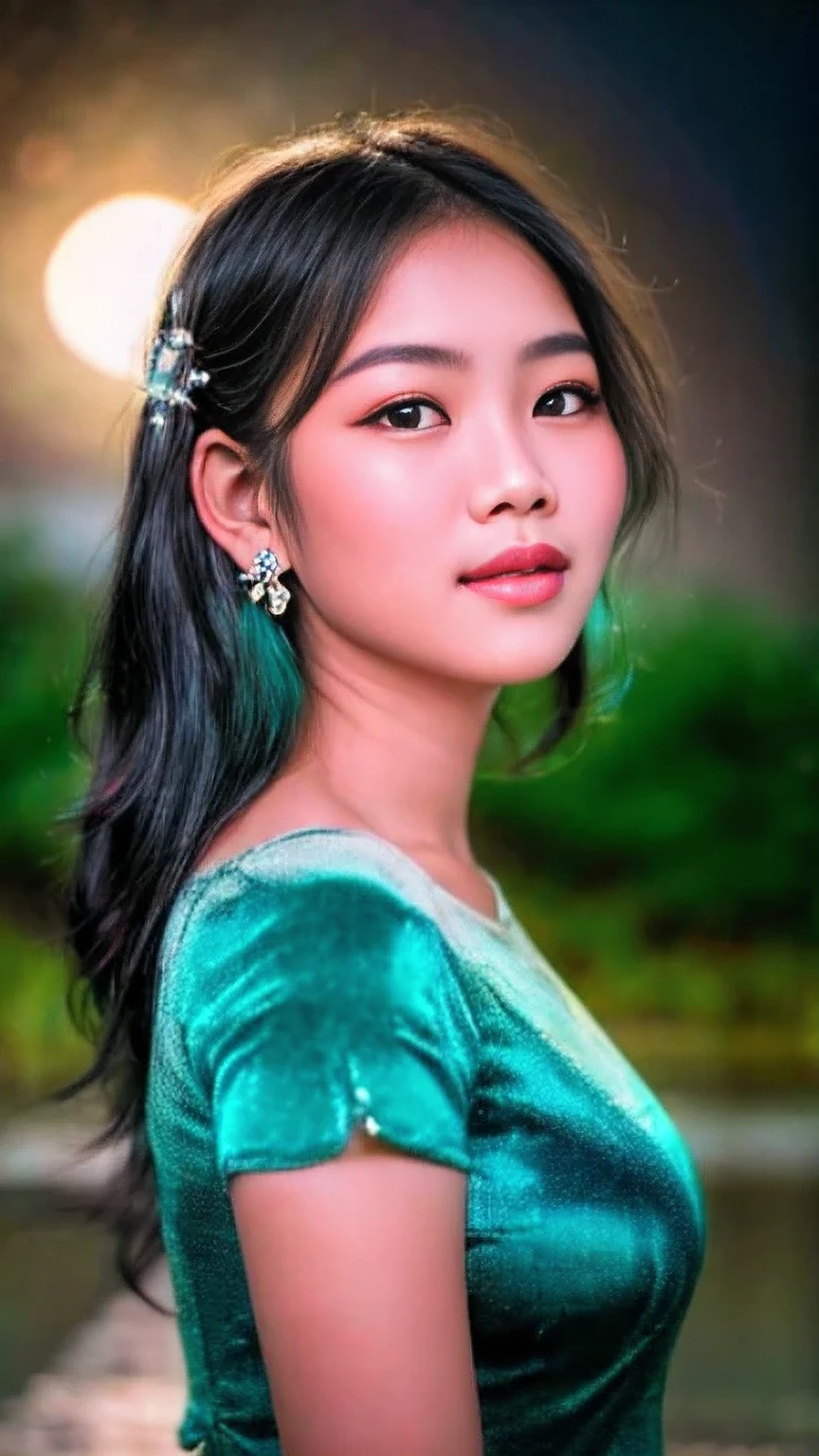 A photorealistic portrait of a Burmese girl with cascading black hair that shimmers like obsidian under a starry night sky. Delicate jasmine flower earrings, handcrafted from silver, adorn her ears, their tendrils echoing the stars above. Warm moonlight illuminates her face, highlighting the subtle details of her flawless skin and the wisdom in her eyes