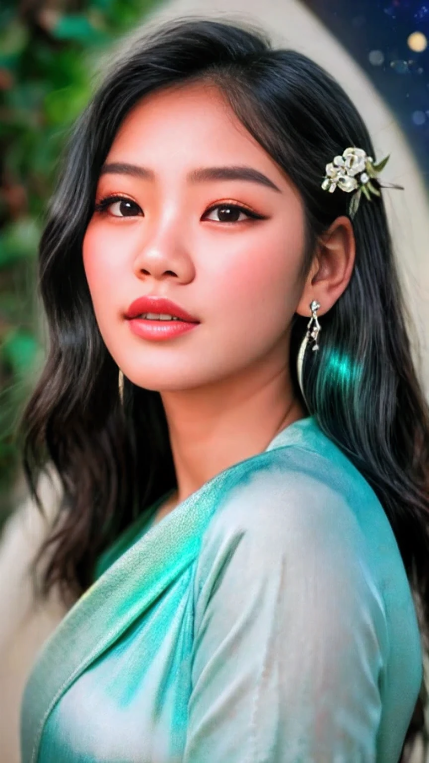 A photorealistic portrait of a Burmese girl with cascading black hair that shimmers like obsidian under a starry night sky. Delicate jasmine flower earrings, handcrafted from silver, adorn her ears, their tendrils echoing the stars above. Warm moonlight illuminates her face, highlighting the subtle details of her flawless skin and the wisdom in her eyes
