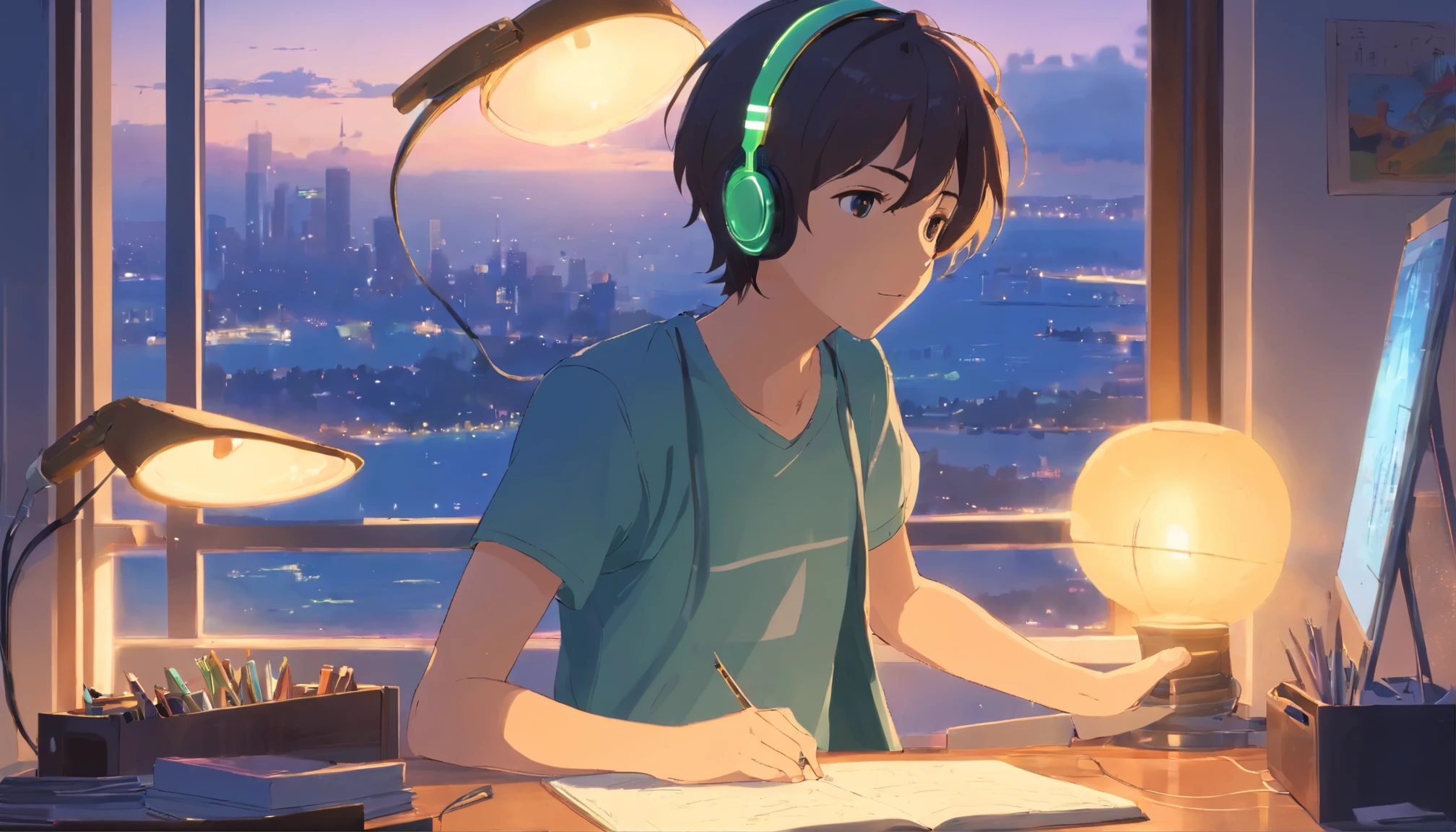 masterpiece, highest quality, movie stills, 1 boy and headphones, Bedroom, read, desk with lamp, City view outside the window, bright, Happy, warm and soft lighting, relax, (sparks:0.7)
