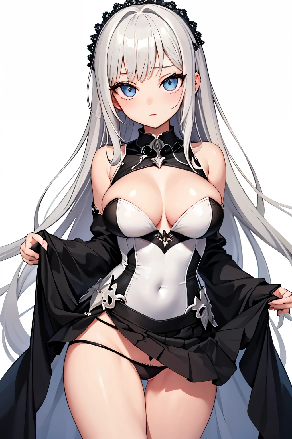 1girl, anime, cute girl, blank background, white background, fantasy, detailed dark fantasy dress with highlights, beautiful face, beautiful eyes, dark colors, silver hair, slight medium breasts, slight cleavage, beautiful skin, cute, breast curtains, extremely delicate and beautiful, (beautiful detailed face:1.0), (detailed deep eyes), symmetrical breasts, deep eyes, shiny skin, portrait, slender waist, hips wider than shoulders, thighs, expressionless, young girl, luminous eyes, adorable,(Kpop idol),(aegyo sal:1),(Platinum blonde hair:1),((puffy eye)),Black panty,sexy posture,Superskirt, 超高分辨率,Black collar,