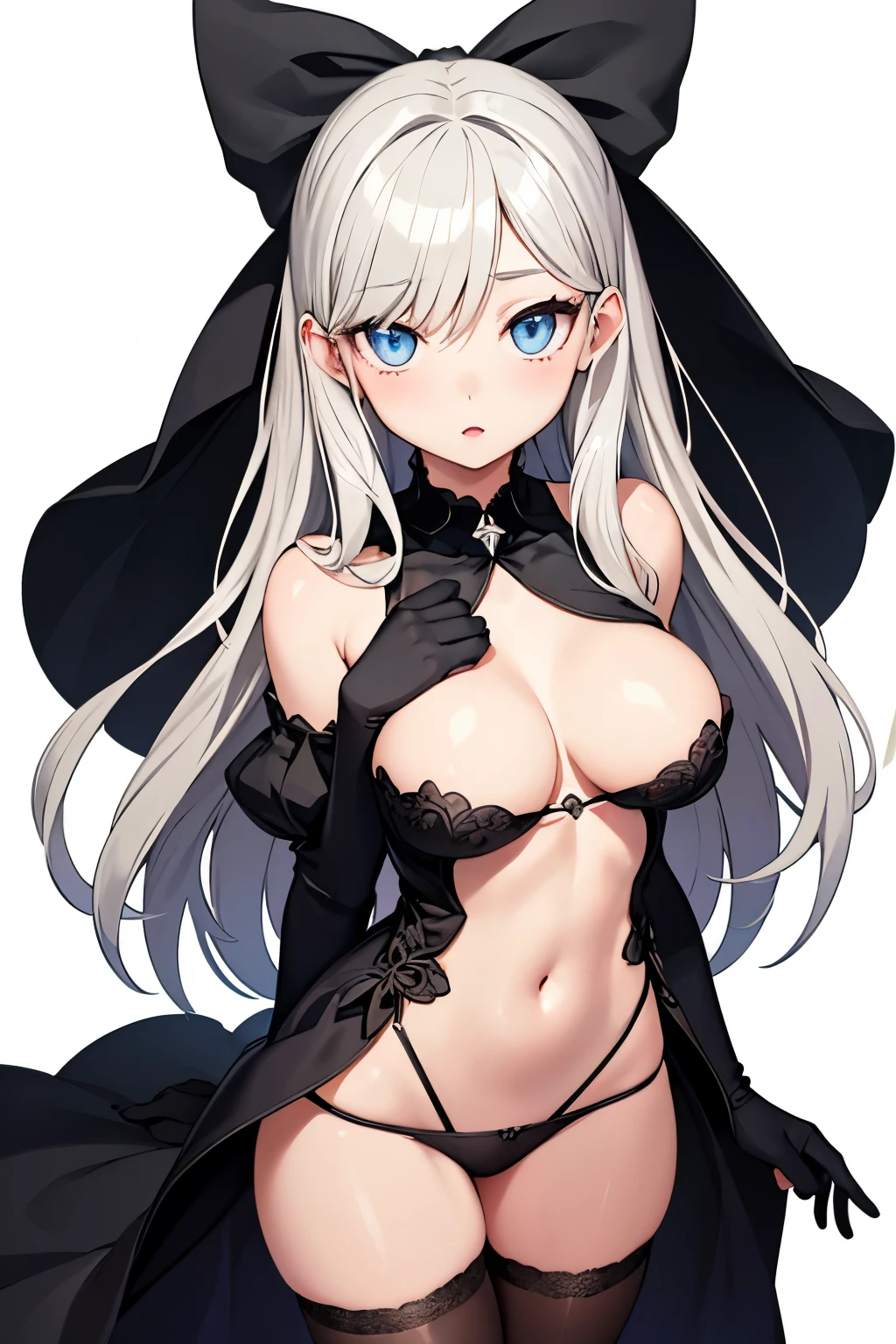 1girl, anime, cute girl, blank background, white background, fantasy, detailed dark fantasy dress with highlights, beautiful face, beautiful eyes, dark colors, silver hair, slight medium breasts, slight cleavage, beautiful skin, cute, breast curtains, extremely delicate and beautiful, (beautiful detailed face:1.0), (detailed deep eyes), symmetrical breasts, deep eyes, shiny skin, portrait, slender waist, hips wider than shoulders, thighs, expressionless, young girl, luminous eyes, adorable,(Kpop idol),(aegyo sal:1),(Platinum blonde hair:1),((puffy eye)),Black panty,sexy posture,Superskirt, 超高分辨率,Black collar,