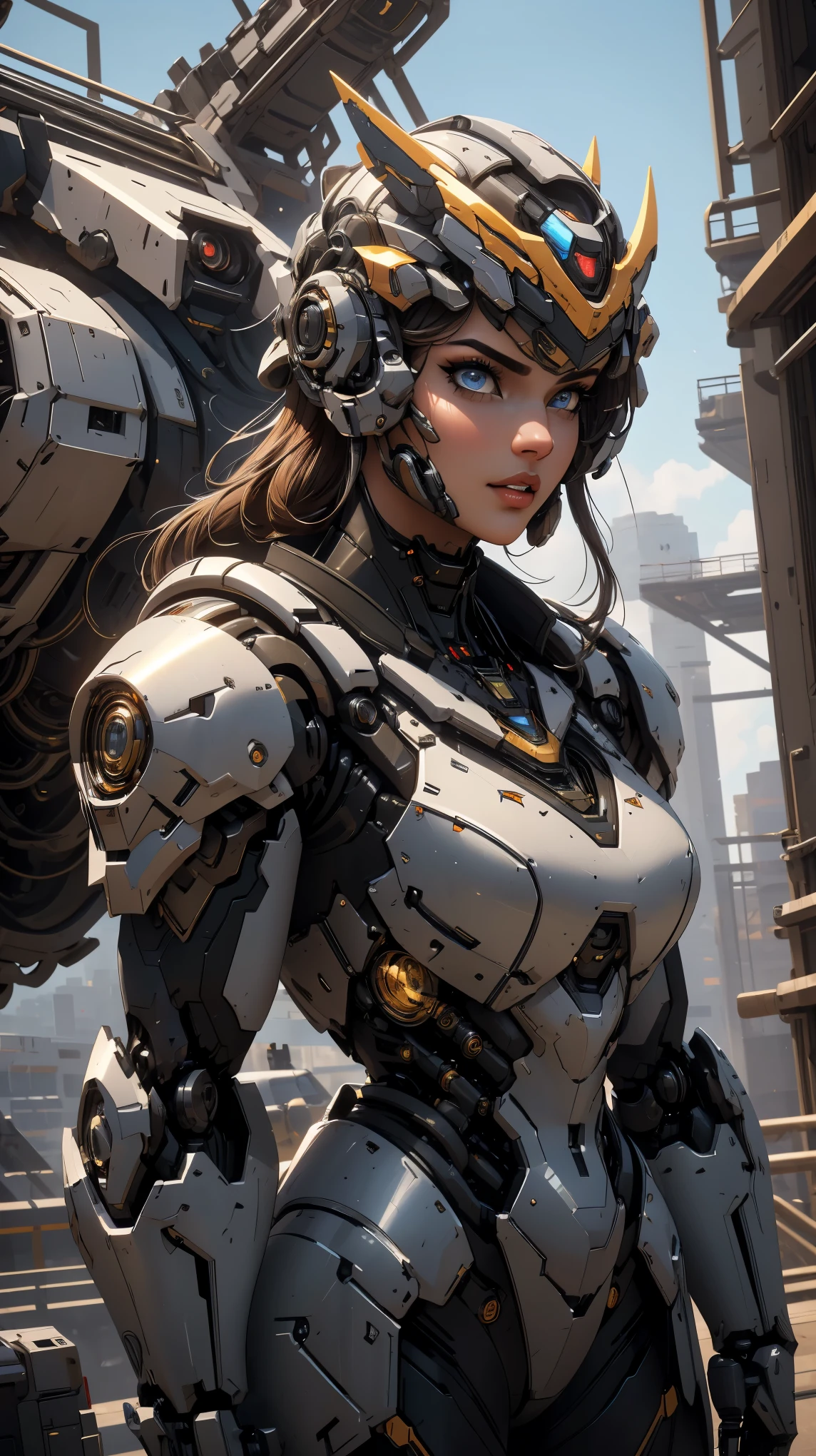 Mechanical warrior, armored combat suit, detailed mechanical design, brilliant engineering artwork, beautiful detailed eyes, beautiful detailed lips, extremely detailed eyes and face, (best quality,4k,8k,highres,masterpiece:1.2), ultra-detailed, (realistic,photorealistic,photo-realistic:1.37), futuristic combat, advanced technology, futuristic weapons, powerful stance, metallic armor, robust mechanical aesthetics, high-tech warfare, titanium alloy structure.