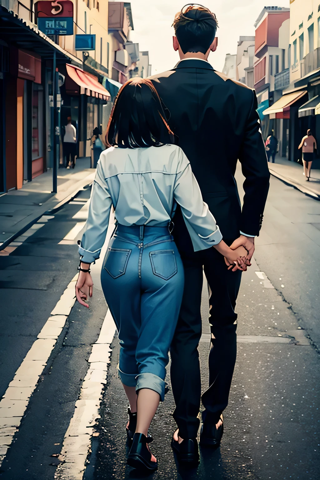 A woman hugs a man&#39;Came back&#39;hands while walking on the road