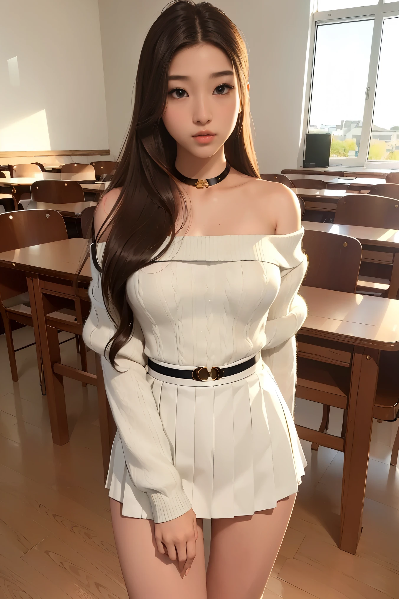 masterpiece, best quality, realistic, ultra-detailed, detailed,1 girl,(asian,idol,solo,collar,thin waist, small size breases,long hair, brown hair, beautiful thighs)(kimono, pleated skirt, V-shaped off shoulder sweater, Outerwear, Stocking,Shirt.) at the beach club,(PureErosFace_V1:0.7)
