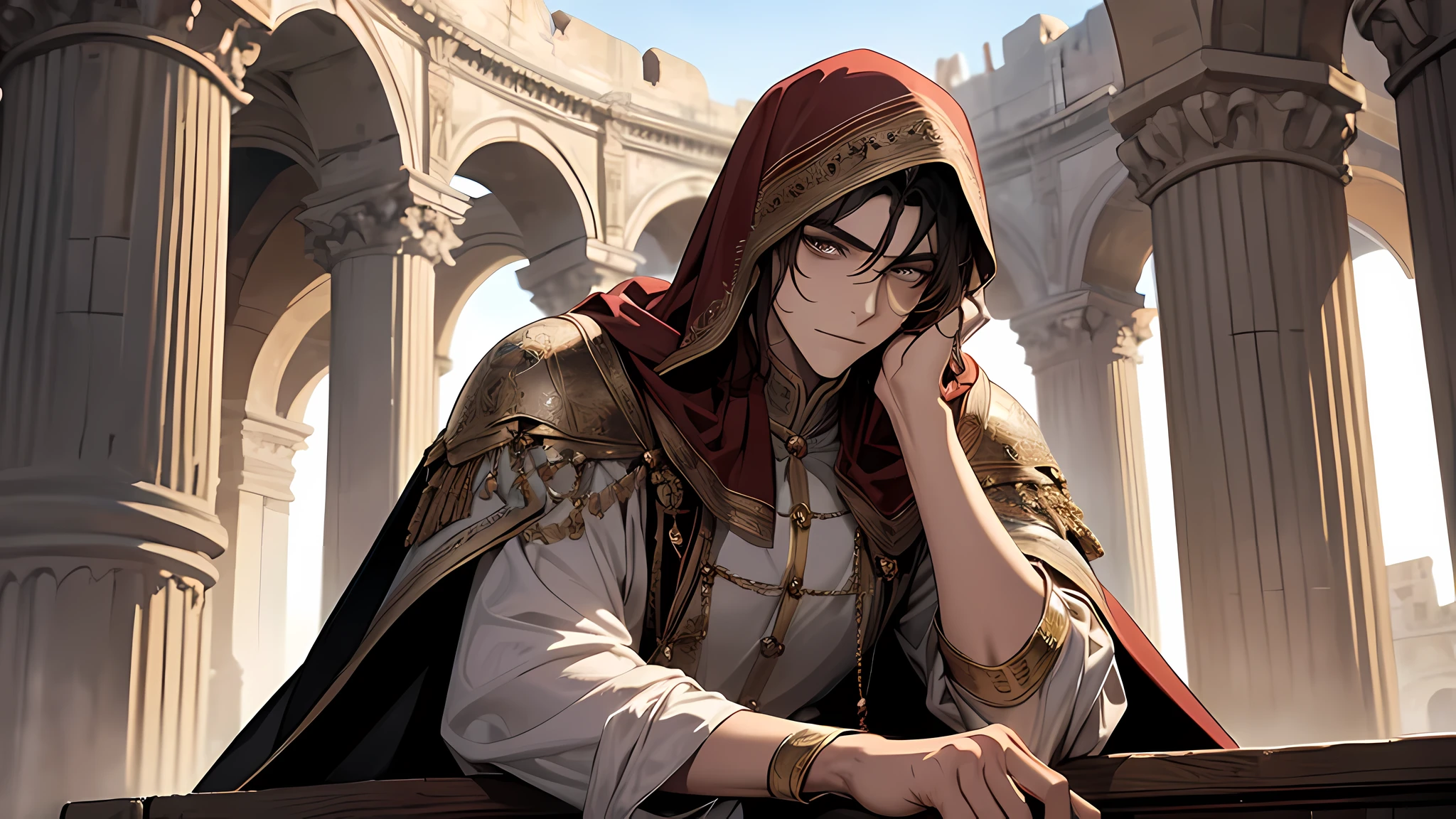 the young man resting his chin on his hands, the man is wearing a cape covering his head, talking something, watching gladiator, there is 1 beautiful girl beside him, sibling, in colloseum, medieval times, detailed face, detailed nose, detailed eyes, who was sitting in one of the grandstands among the front row seats. High pillars, which rose from the corners in the left and right, supported a roof that covered the stand