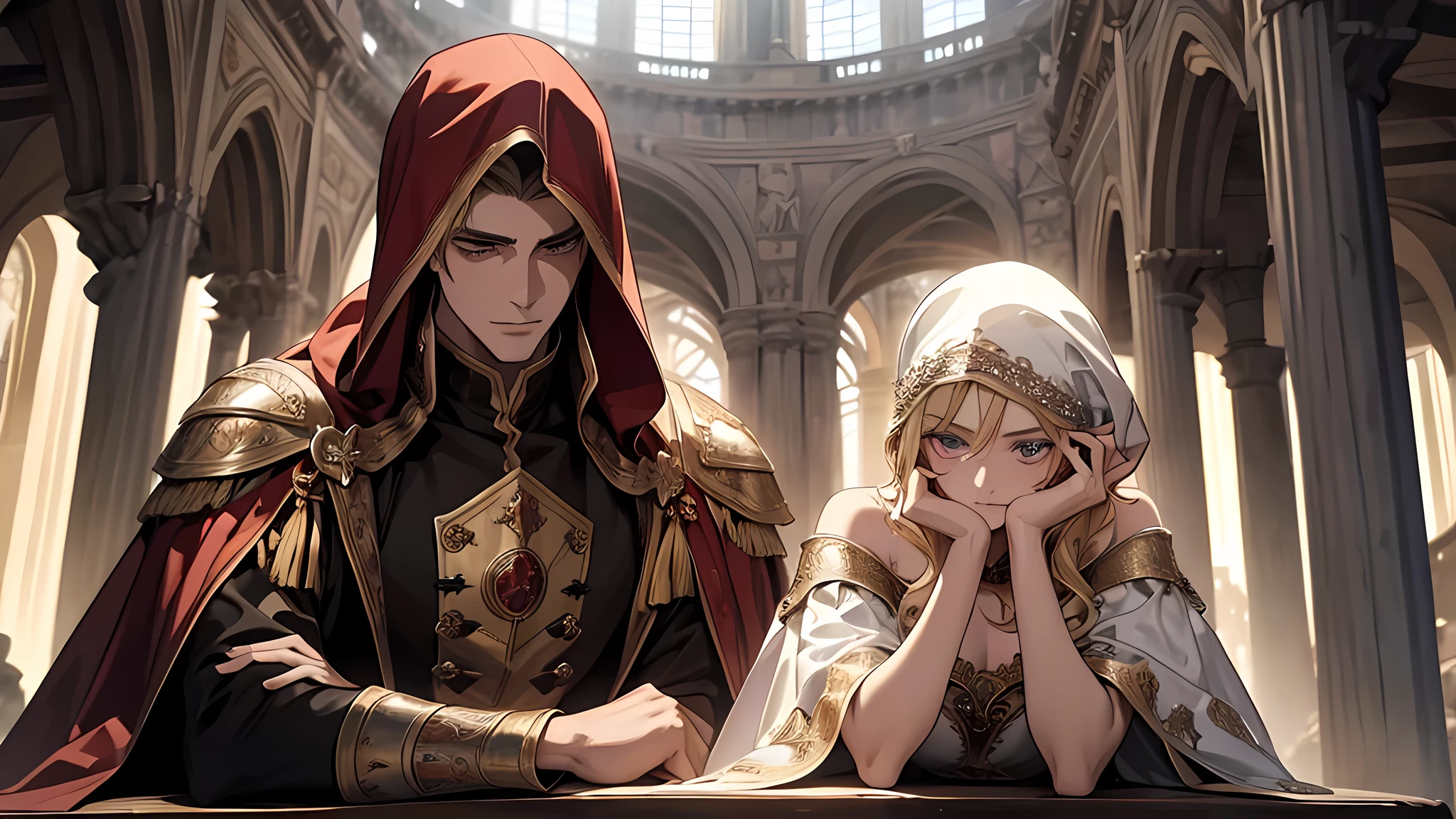 the young man resting his chin on his hands, the man is wearing a cape covering his head, talking something, watching gladiator, there is 1 beautiful blonde girl beside him, sibling, in colloseum, medieval times, detailed face, detailed nose, detailed eyes, who was sitting in one of the grandstands among the front row seats. High pillars, which rose from the corners in the left and right, supported a roof that covered the stand