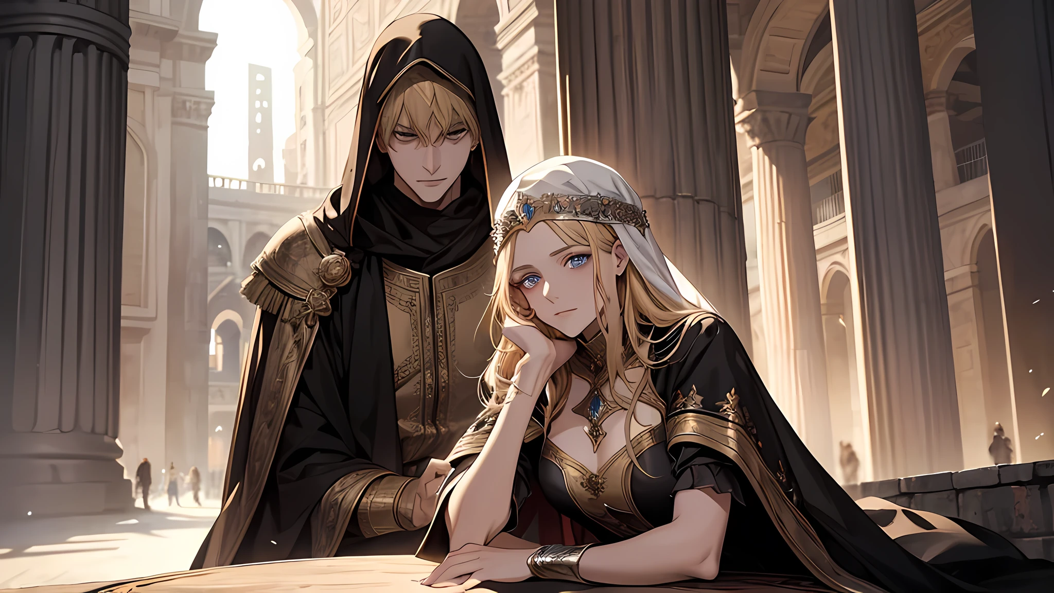 the young man resting his chin on his hands, the man is wearing a cape covering his head, talking something, watching gladiator, there is 1 beautiful blonde girl beside him, sibling, in colloseum, medieval times, detailed face, detailed nose, detailed eyes, who was sitting in one of the grandstands among the front row seats. High pillars, which rose from the corners in the left and right, supported a roof that covered the stand