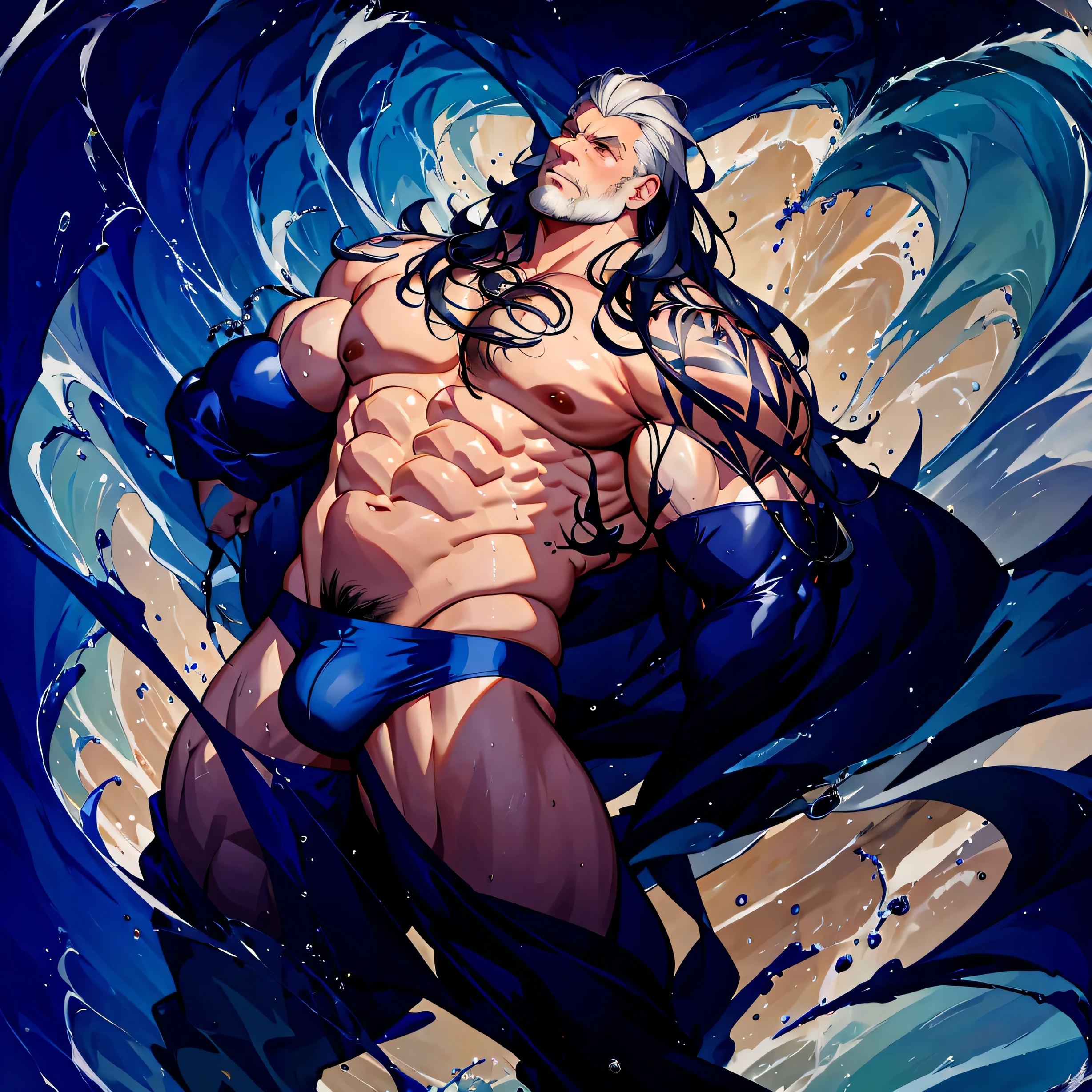 A burly older man, muscular, huge pecs