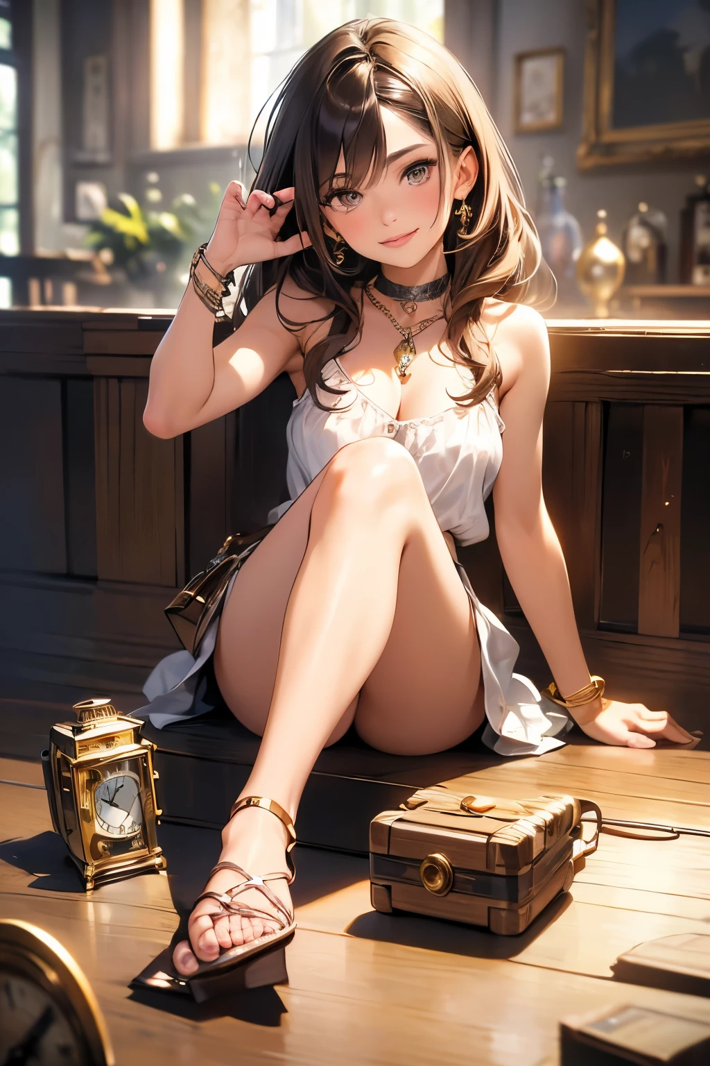 (masterpiece, highest quality, super detailed, High resolution, 4K),(beautiful and fine eyes),(highly detailed face),(1 girl),HDR,long hair, Telephone, brown eyes, brown hair, cellTelephone, bracelet, naked, jewelry, clock, lips, focus only, nail polish, blurry background, smile, wristclock, realistic, blurry, looking at the viewer