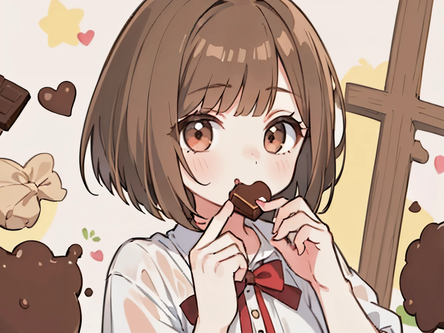 (((A girl with brown hair and a bob cut is eating chocolate))),(((solo))),(Highest image quality, In 8K, masterpiece, super detail),Little,