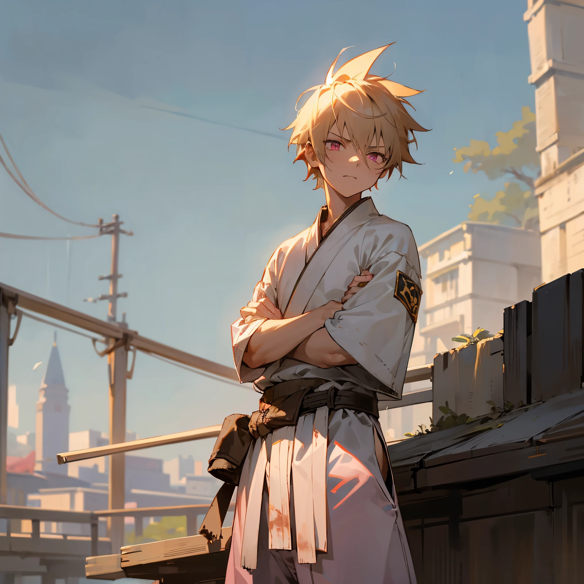 Young Male , Short Hair , Spiky Hair , Messy Hair, Dirty Blonde Hair, Sunny Village Background , White Gi ,Baggy Black Martial Arts Pants, Pink Eyes , Calm expression , Hands at sides