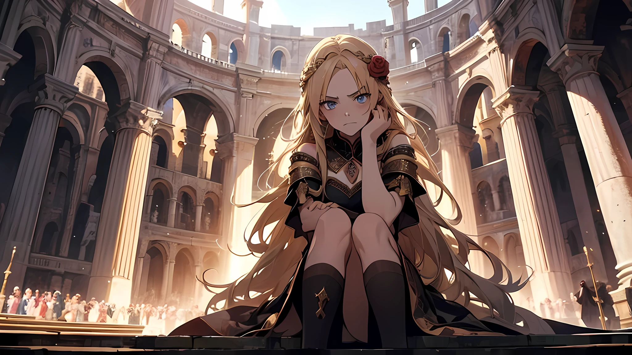 beautiful girl, medieval times, long blonde hair, angry, upset, frown, in a colloseum, a girl yet in the more tender years of age, who was sitting in one of the grandstands among the front row seats. High pillars, which rose from the corners in the left and right, supported a roof that covered the stand