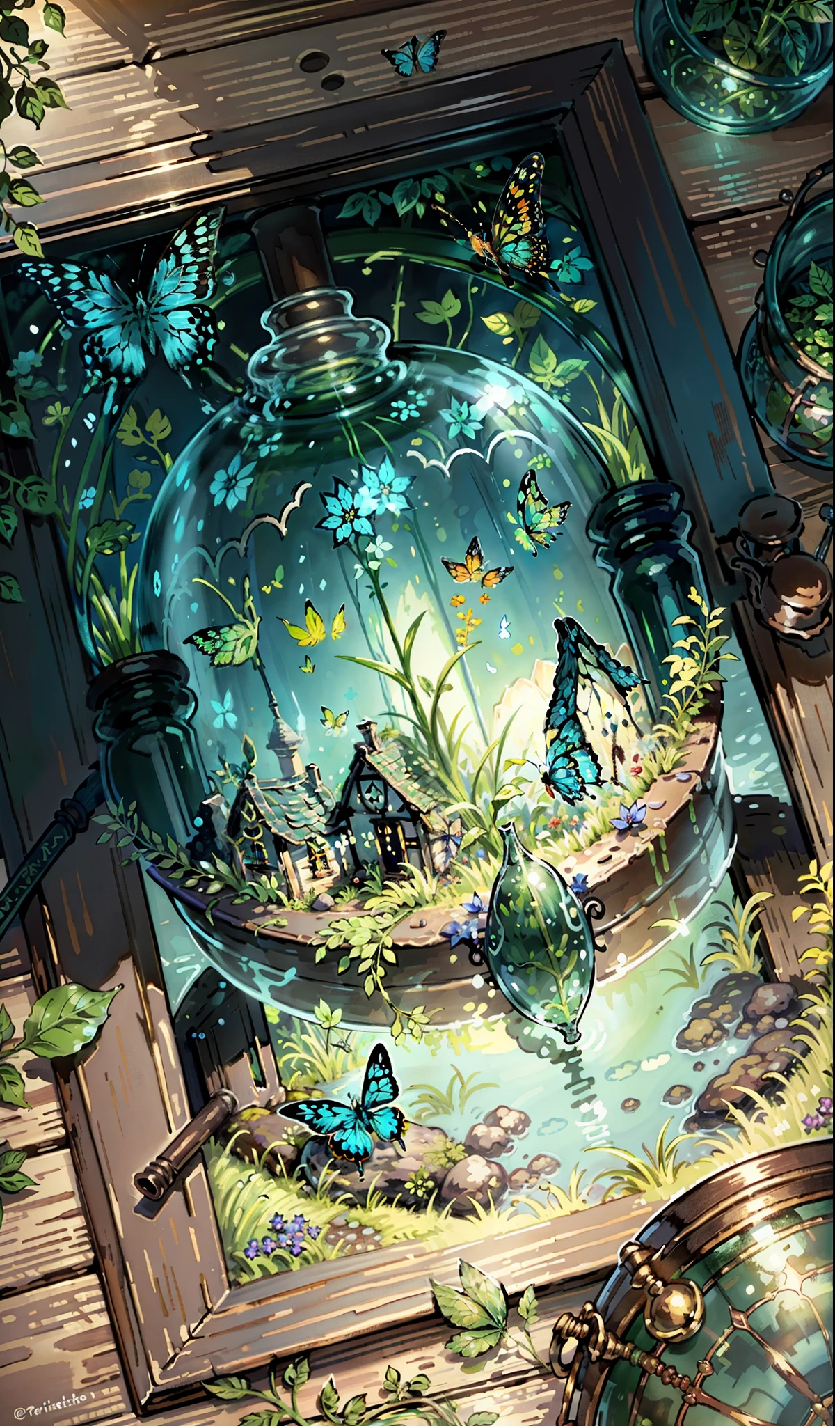 (masterpiece, highest quality:1.2), (Super detailed),(figure), wallpaper, original, Round bottom flask, Grass, vine, water, butterfly, nature, shining, wrapped in light, Terrarium, RPG style, Cartoonish, fantasy, mobile game,(shining)