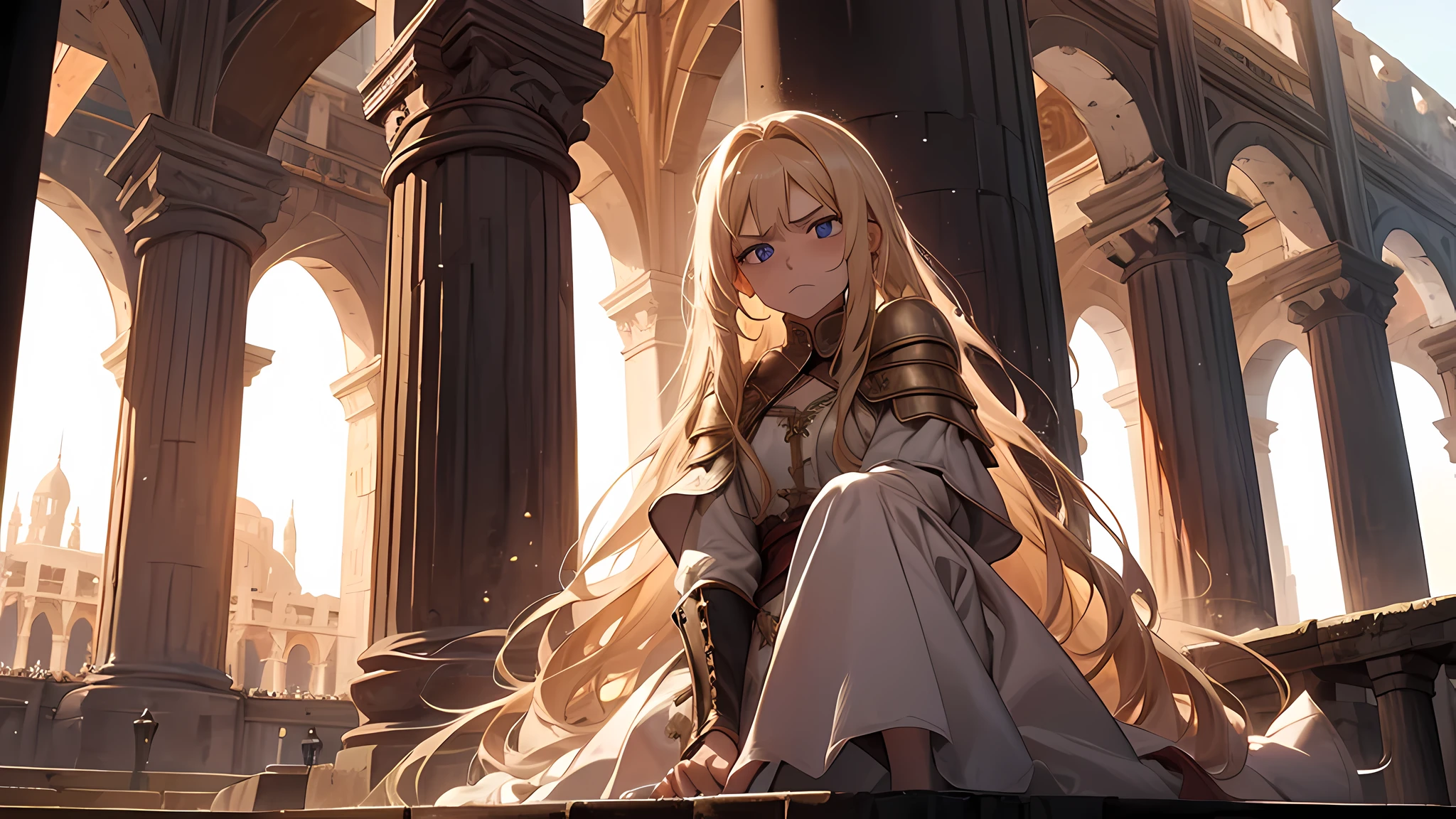 beautiful girl, medieval times, long blonde hair, angry, upset, frown, in a colloseum, a girl yet in the more tender years of age, who was sitting in one of the grandstands among the front row seats. High pillars, which rose from the corners in the left and right, supported a roof that covered the stand