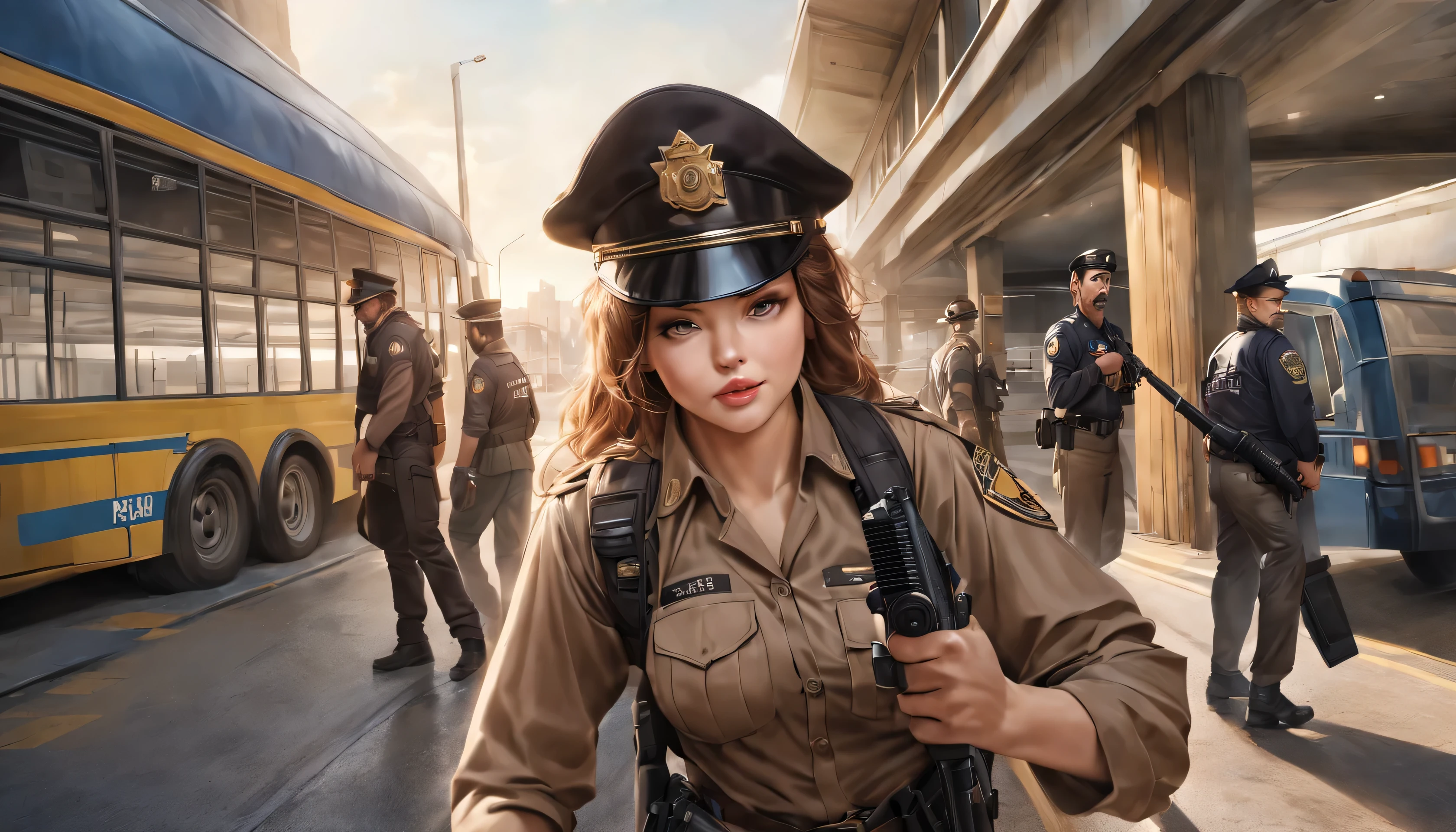 police arrest criminal at bus station 1girl, long hair, brown hair, hat, holding, weapon, outdoors, multiple boys, belt, pants, holding weapon, uniform, lips, gun, facial hair, brown shirt, ground vehicle, holding gun, rifle, handgun, realistic, brown pants, police, police uniform, policewoman, police hat, walkie-talkie
