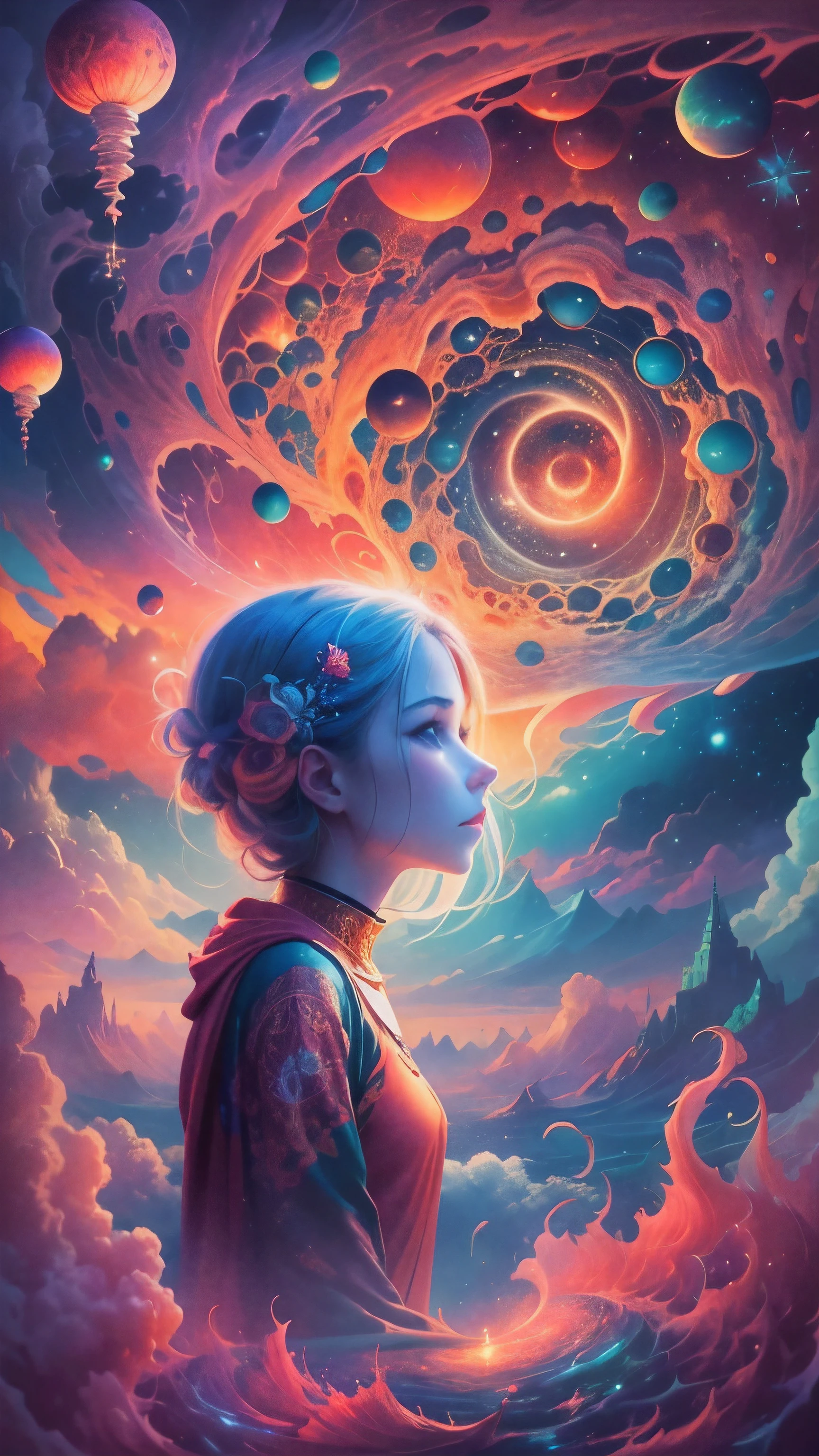 Obra maestra, 4k, Ultra Resolution, Best image resolution, Stunning illustration depicting a person's inner universe, mostrando sus pensamientos, Emotions and dreams in a surreal and magical landscape. Use vivid colors and meaningful symbols to reflect the complexity of the human mind.