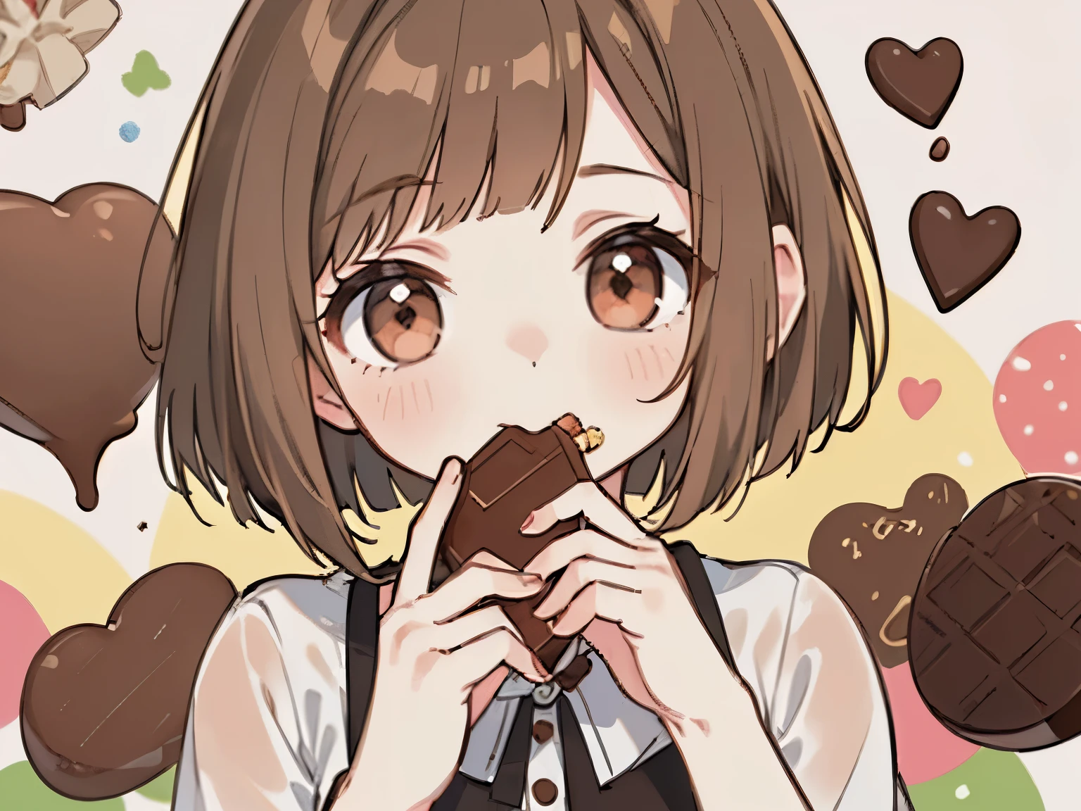 (((A girl with brown hair and a bob cut is eating chocolate))),(((solo))),(Highest image quality, In 8K, masterpiece, super detail),Little,