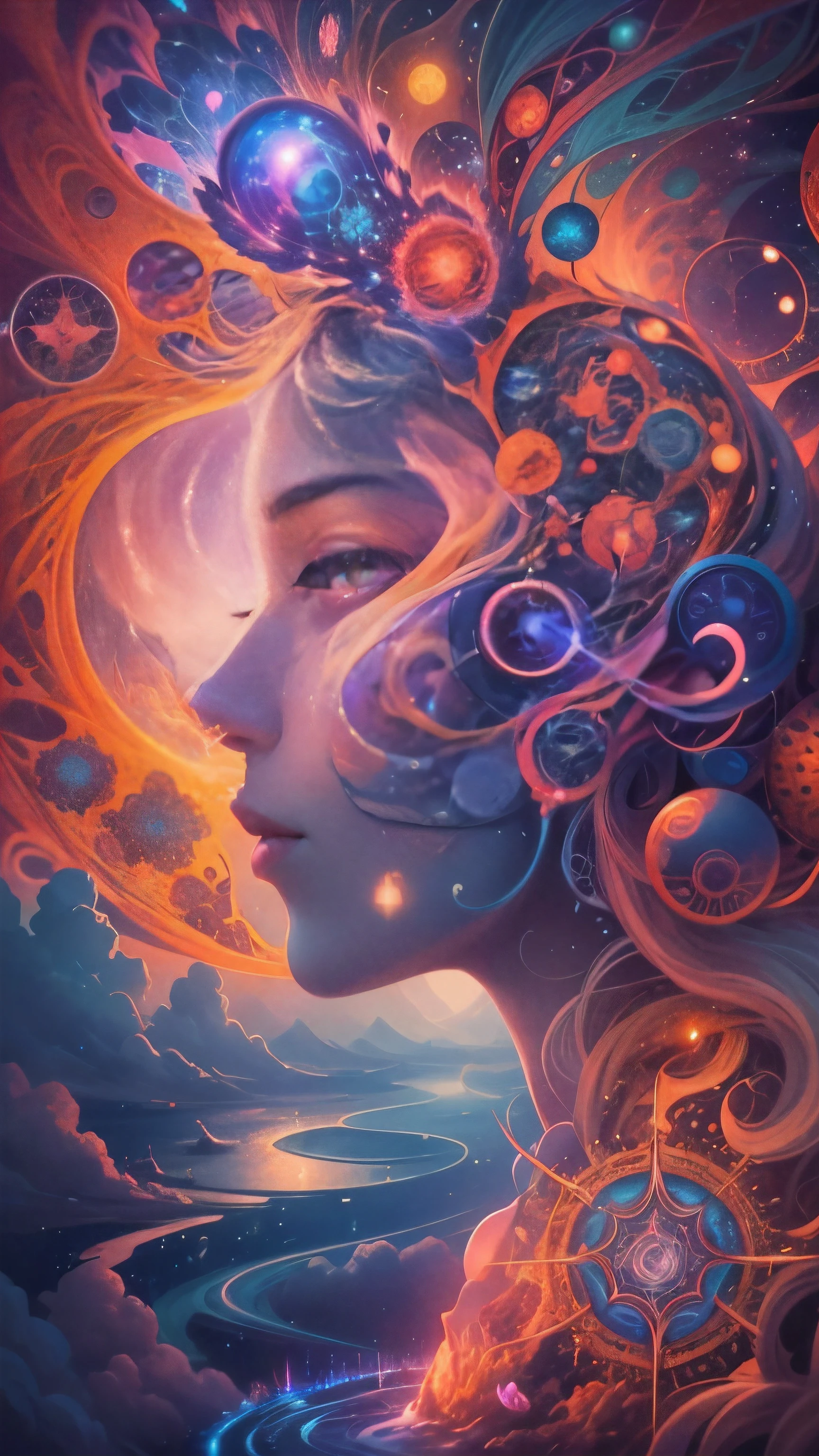 Obra maestra, 4k, Ultra Resolution, Best image resolution, Stunning illustration depicting a person's inner universe, mostrando sus pensamientos, Emotions and dreams in a surreal and magical landscape. Use vivid colors and meaningful symbols to reflect the complexity of the human mind.