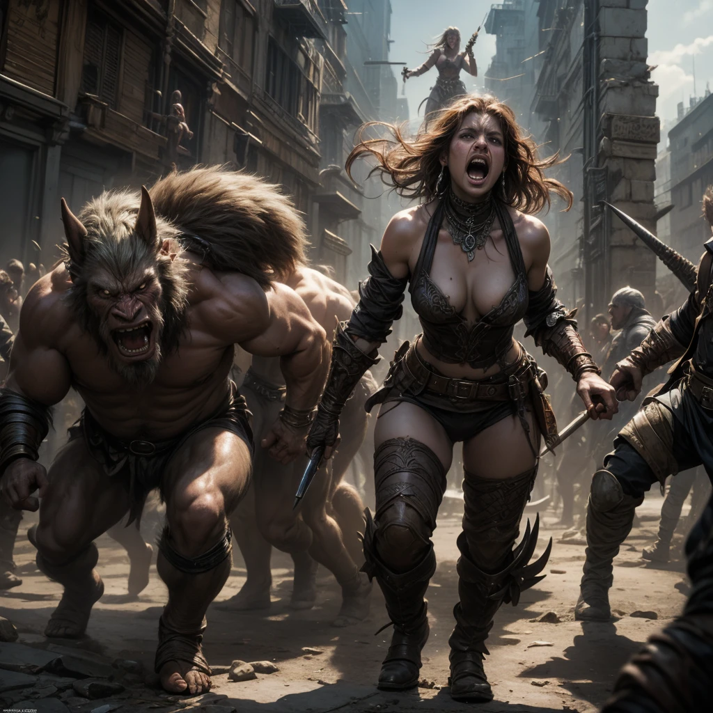 a crowd of orcs, which is rushing straight at us with a menacing battle cry, the style of Luis Royo, Luis Royo and the Greek Rutkowski, girls 
