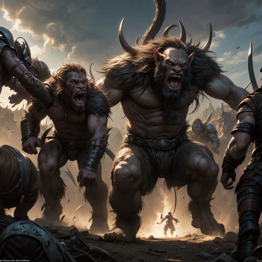 a crowd of orcs, which is rushing straight at us with a menacing battle cry, the style of Luis Royo, Luis Royo and the Greek Rutkowski, girls 
