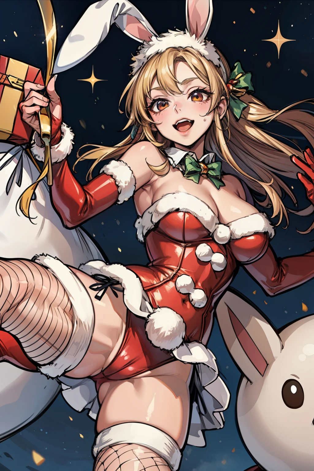 Red bunny girl costume, Santa-like detailed unevenness, cute face that anyone can see, shot from below, fishnet stockings, various poses,