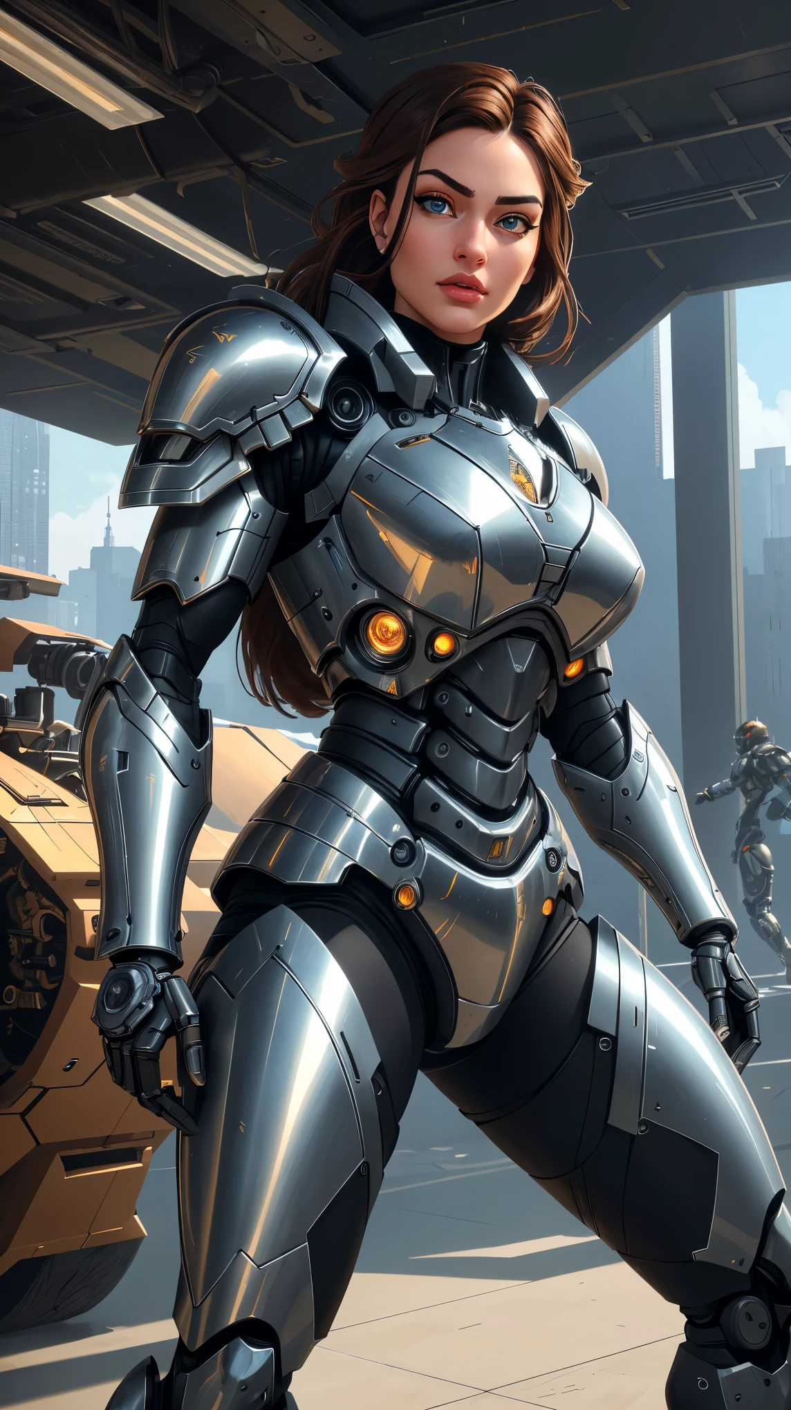 Mechanical warrior, armored combat suit, detailed mechanical design, brilliant engineering artwork, beautiful detailed eyes, beautiful detailed lips, extremely detailed eyes and face, (best quality,4k,8k,highres,masterpiece:1.2), ultra-detailed, (realistic,photorealistic,photo-realistic:1.37), futuristic combat, advanced technology, futuristic weapons, powerful stance, metallic armor, robust mechanical aesthetics, high-tech warfare, titanium alloy structure.