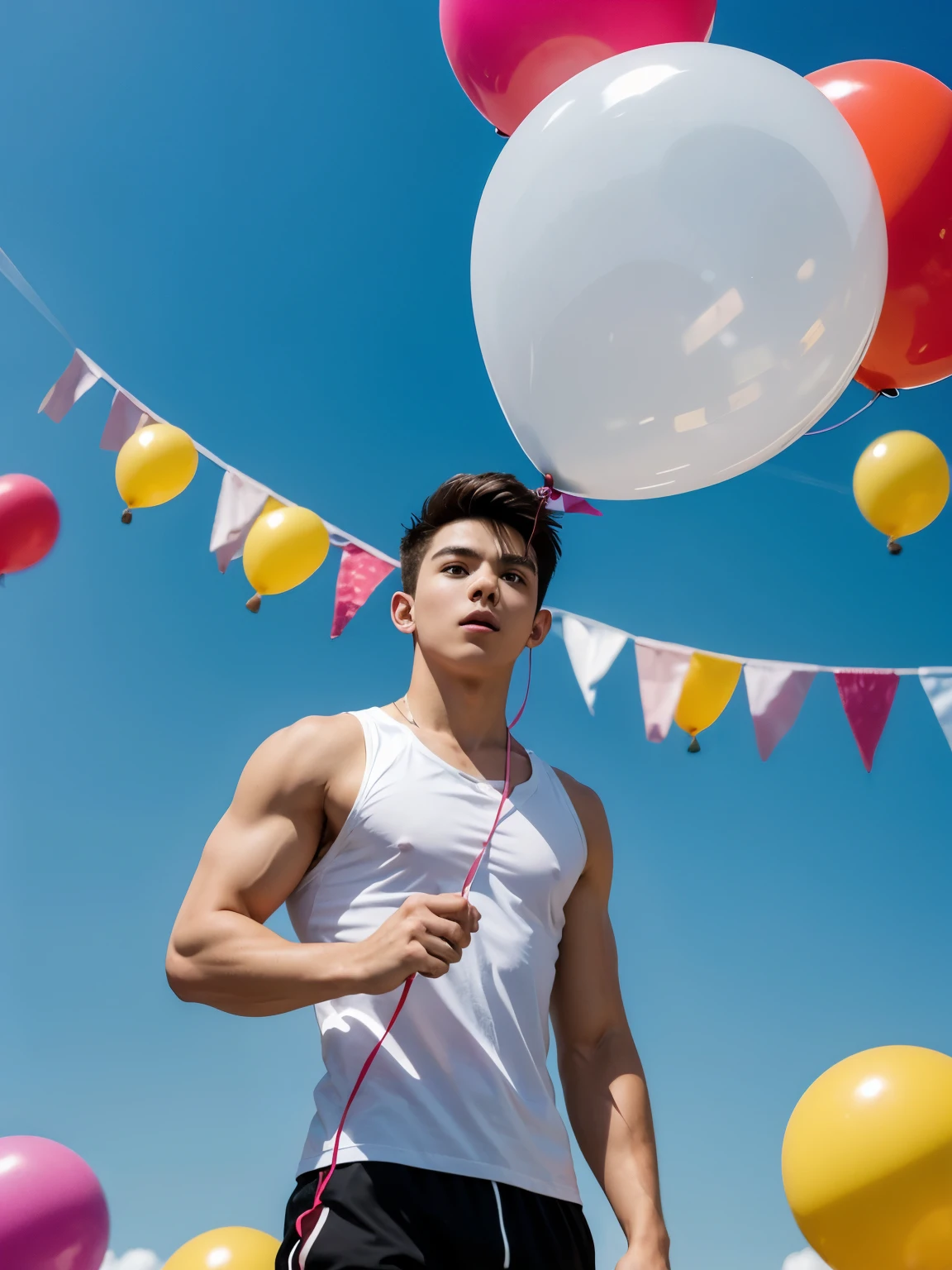 one muscular naked boy, Balloon in hand, Face the lens...In the background are a lot of colorful balloons that have risen into the air. blue-sky