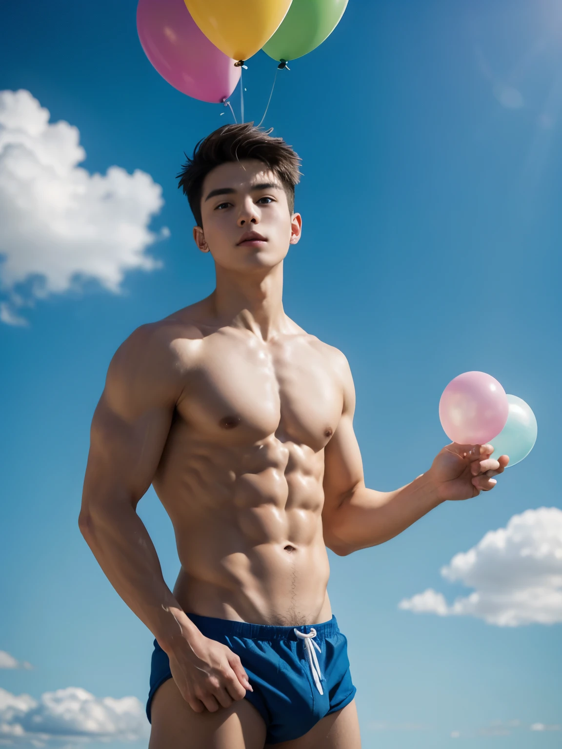 one muscular naked boy, Balloon in hand, Face the lens...In the background are a lot of colorful balloons that have risen into the air. blue-sky