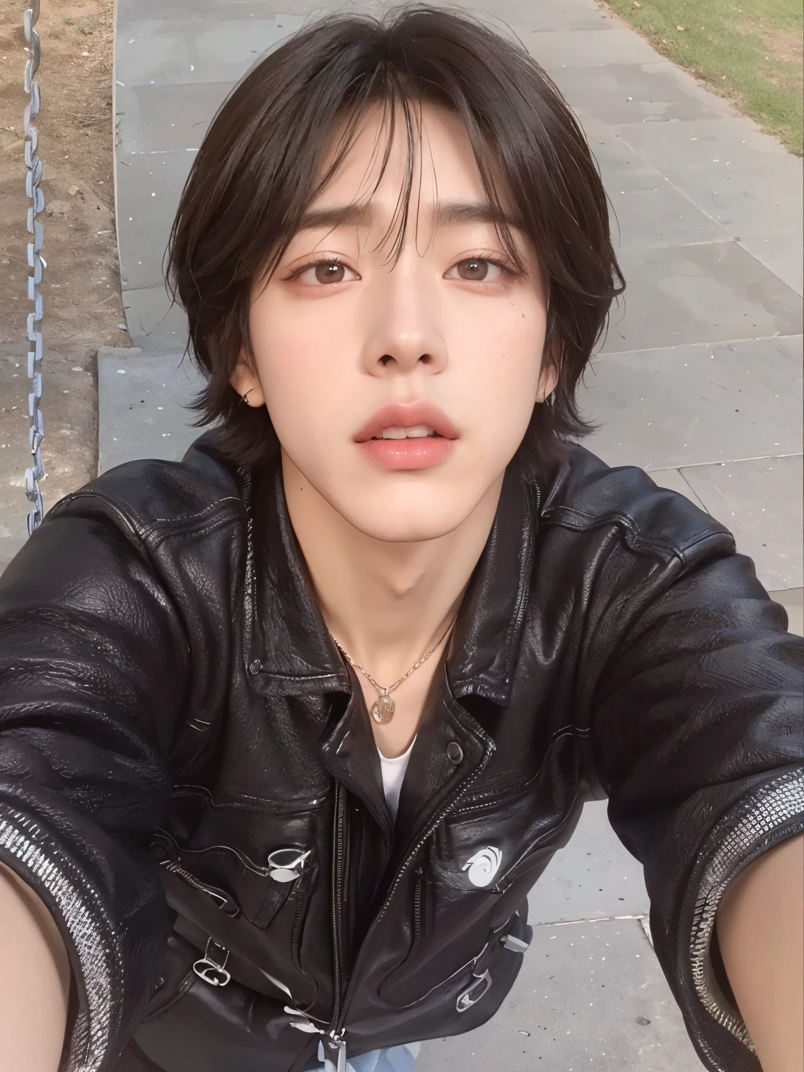 arafed man taking a selfie on a swing in a park, jung jaehyun, cai xukun, androgynous person, androgynous face, jimin\'s right eyelid swollen, male ulzzang, park jimin, hyung tae, kim doyoung, delicate androgynous prince, beautiful androgynous prince, jinyoung shin, with short hair