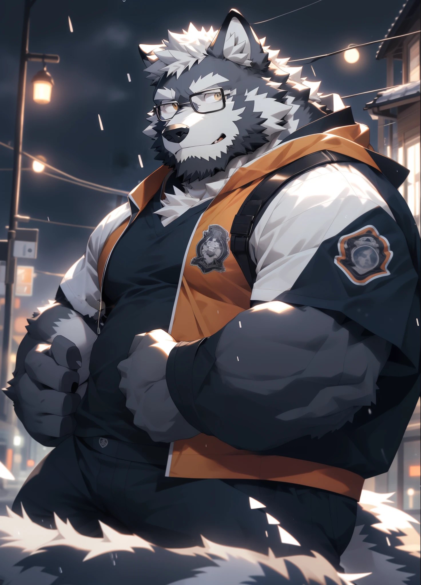 hairy,(Wolf,Black-rimmed glasses,Orange firefighter costume),beard,white fur,male,Common,full-body shot, dynamic poses,smirk,rainy day,night,dark night,Detailed background,极其lifelike阴影,masterpiece,Very detailed,lifelike