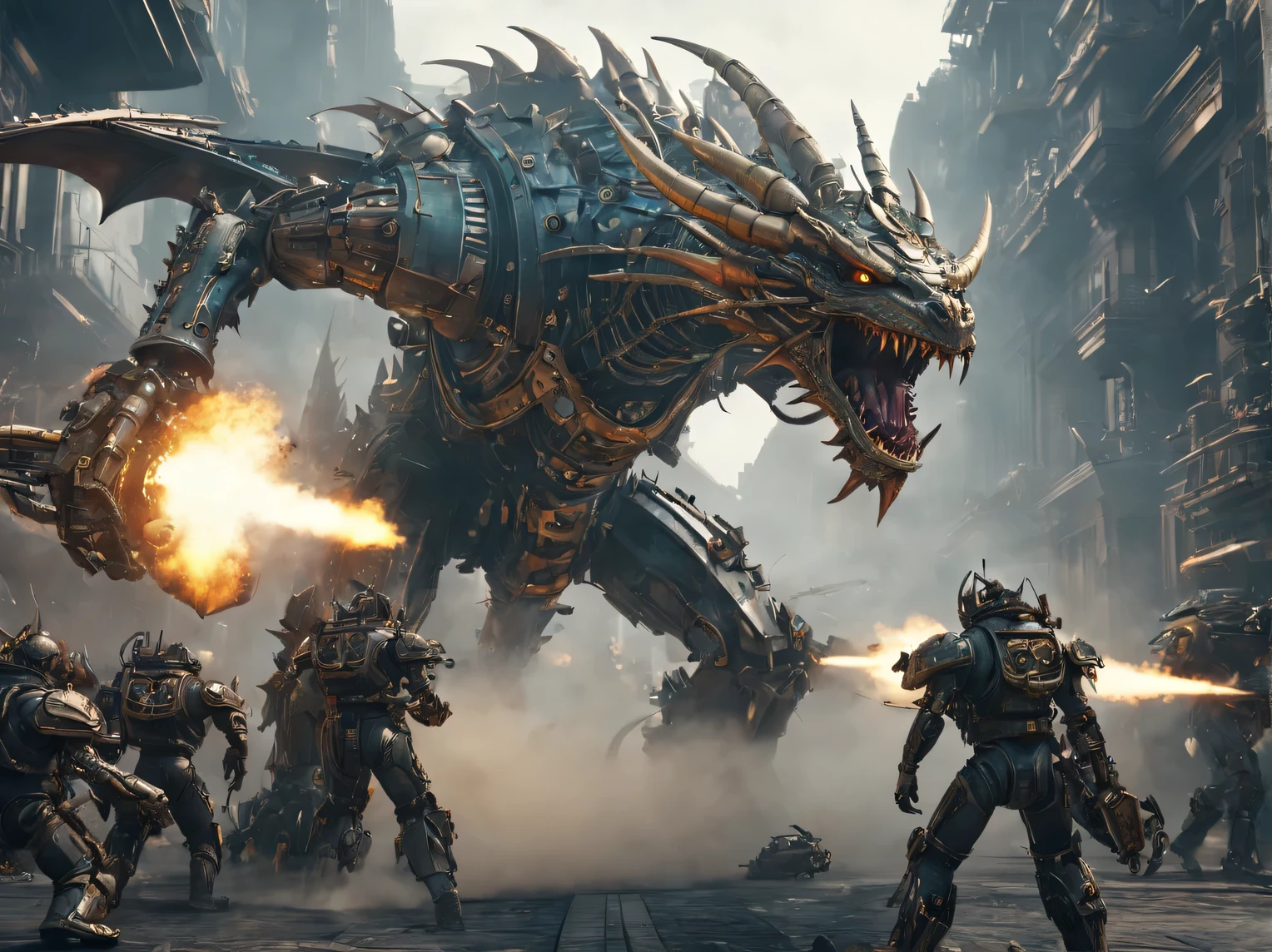 Mechanical Dragon Warrior, with fantastic weapons, combination of steampunk and cyberpunk styles, detailed plot of the battle scene between the mechanical Dragon Warrior and the alien invaders, cinematic frame, high detail, action scene, hyperrealistic, 8K