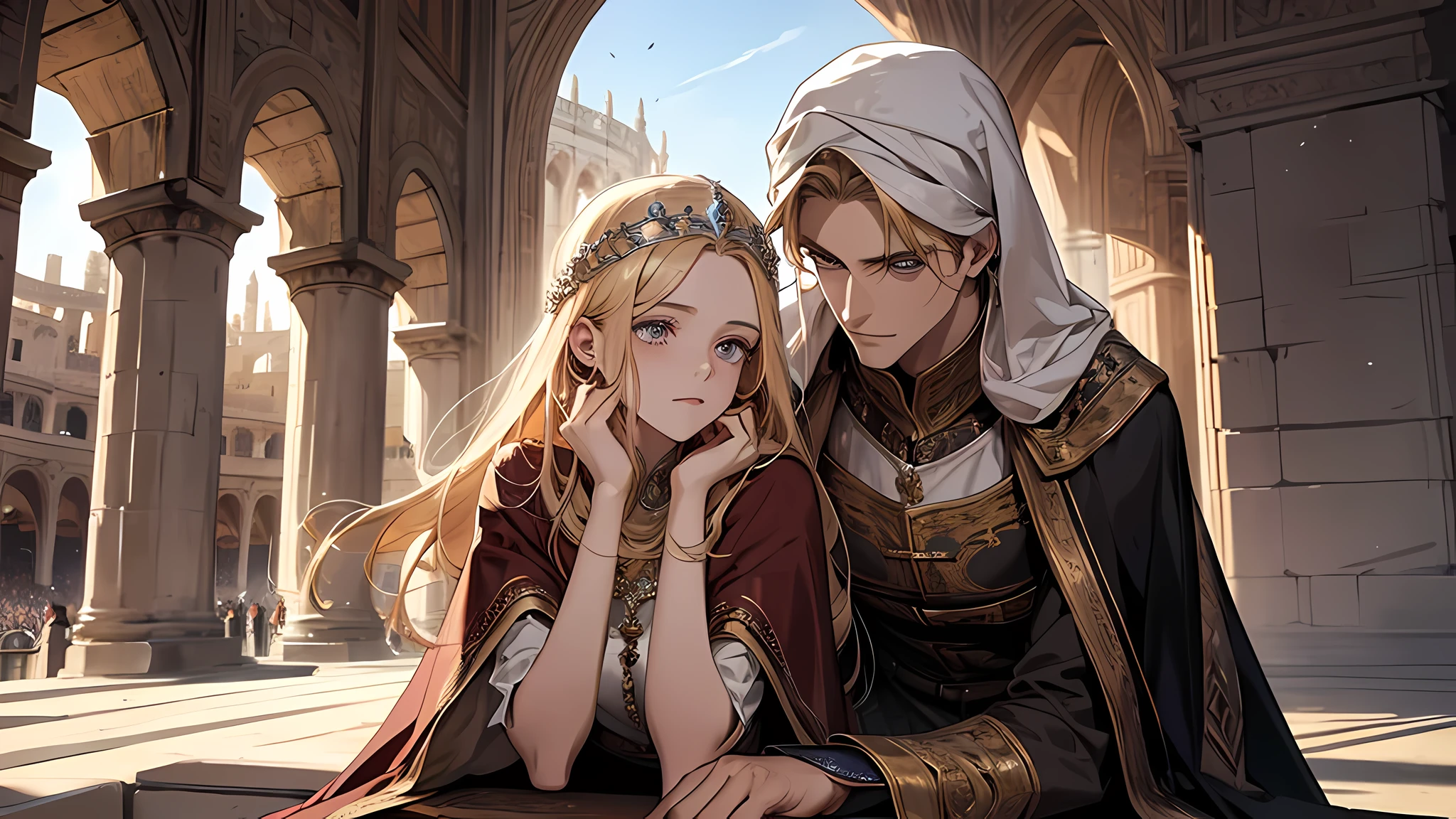 ung man resting his chin on his hands, the man is wearing a cape covering his head, talking something, watching gladiator, there is 1 beautiful blonde girl beside him, sibling, in colloseum, medieval times, detailed face, detailed nose, detailed eyes, who was sitting in one of the grandstands among the front row seats. High pillars, which rose from the corners in the left and right, supported a roof that covered the stand
