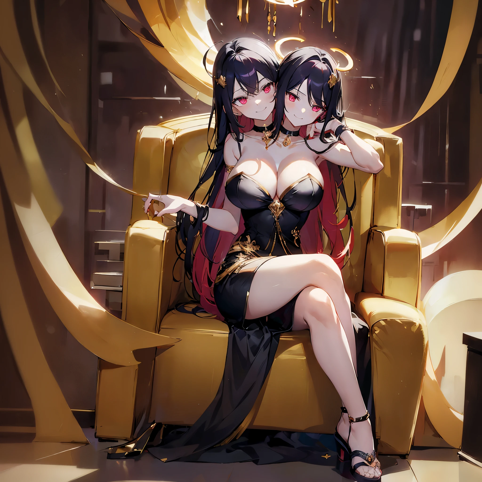 (masterpiece, best quality), best resolution, (2heads:1.5), 1girl, black hair, loose let down hair, long wavy hair, deep red eyes, evil smile, evil aura, black smelting halo above head, side boob, hellish dark violet dress, gold accessories, sandals, goddess of chaos, black choker, wearing rings, wearing necklace with red gemstone, warm colours, sitting on a throne, crossed legs, sexy pose