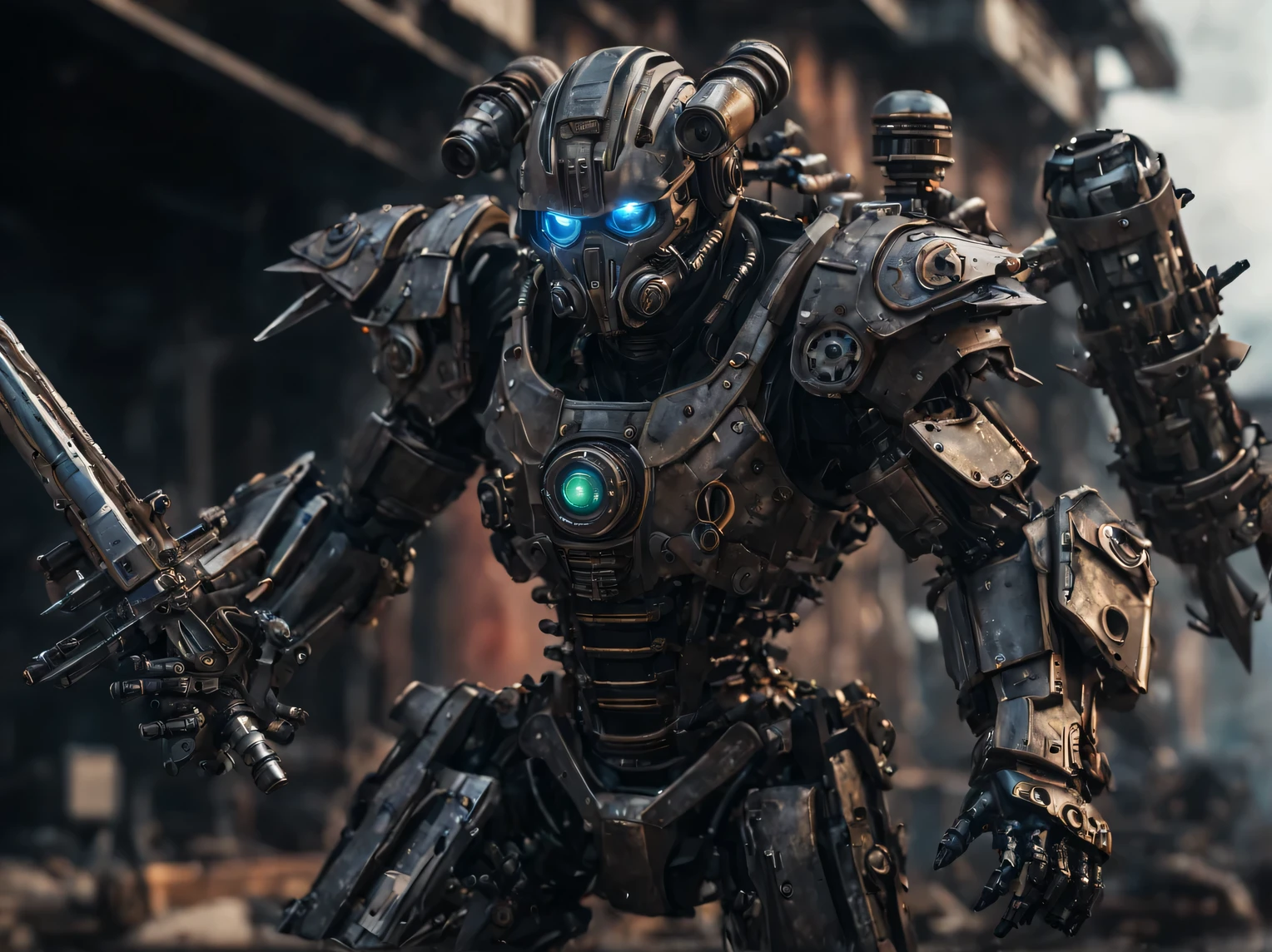 Mechanical Dragon Warrior, with fantastic weapons, combination of steampunk and cyberpunk styles, detailed plot of the battle scene between the mechanical Dragon Warrior and the alien invaders, cinematic frame, high detail, action scene, hyperrealistic, 8K