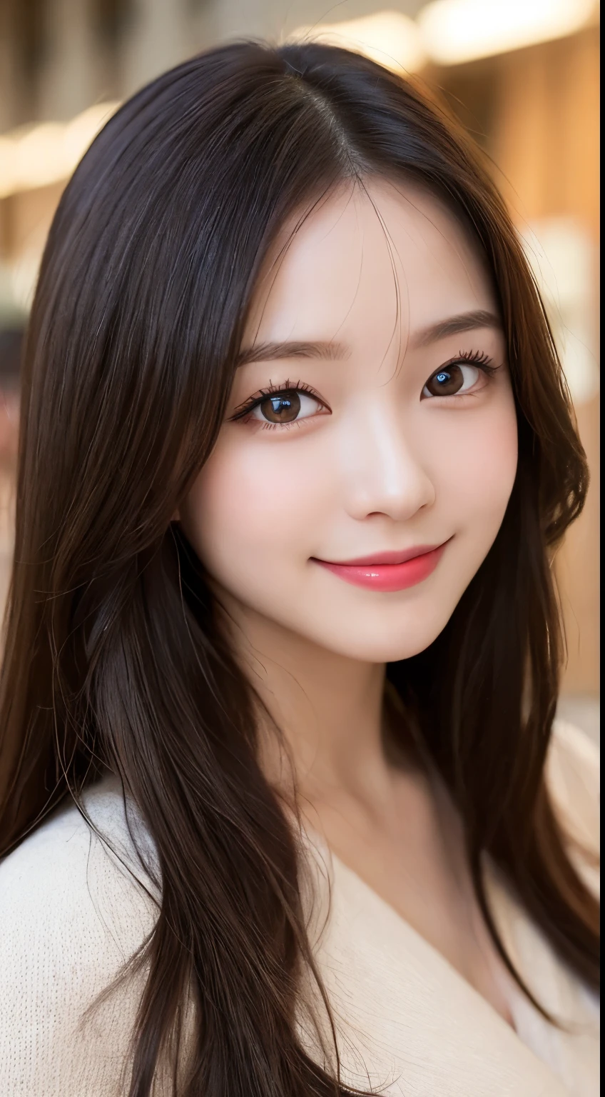 table top, highest quality, shape, Super detailed, finely, High resolution, 8k wallpaper, 完璧なダイナミックな構shape, beautiful and detailed eyes, Tokyo trend knit dress, small breasts, natural color lip,かわいいsmile,20 year old girl、beautiful and detailed face、perfect and beautiful face,Big eyes、beautiful detailed face、perfect and beautiful double eyelids、blur the background、perfect and beautiful face、Feminine poses、blur background、slim face and style、blur background、straight hair、Tokyo Station、Wear a luxurious mink coat、beautiful hair、smile、beautiful nails