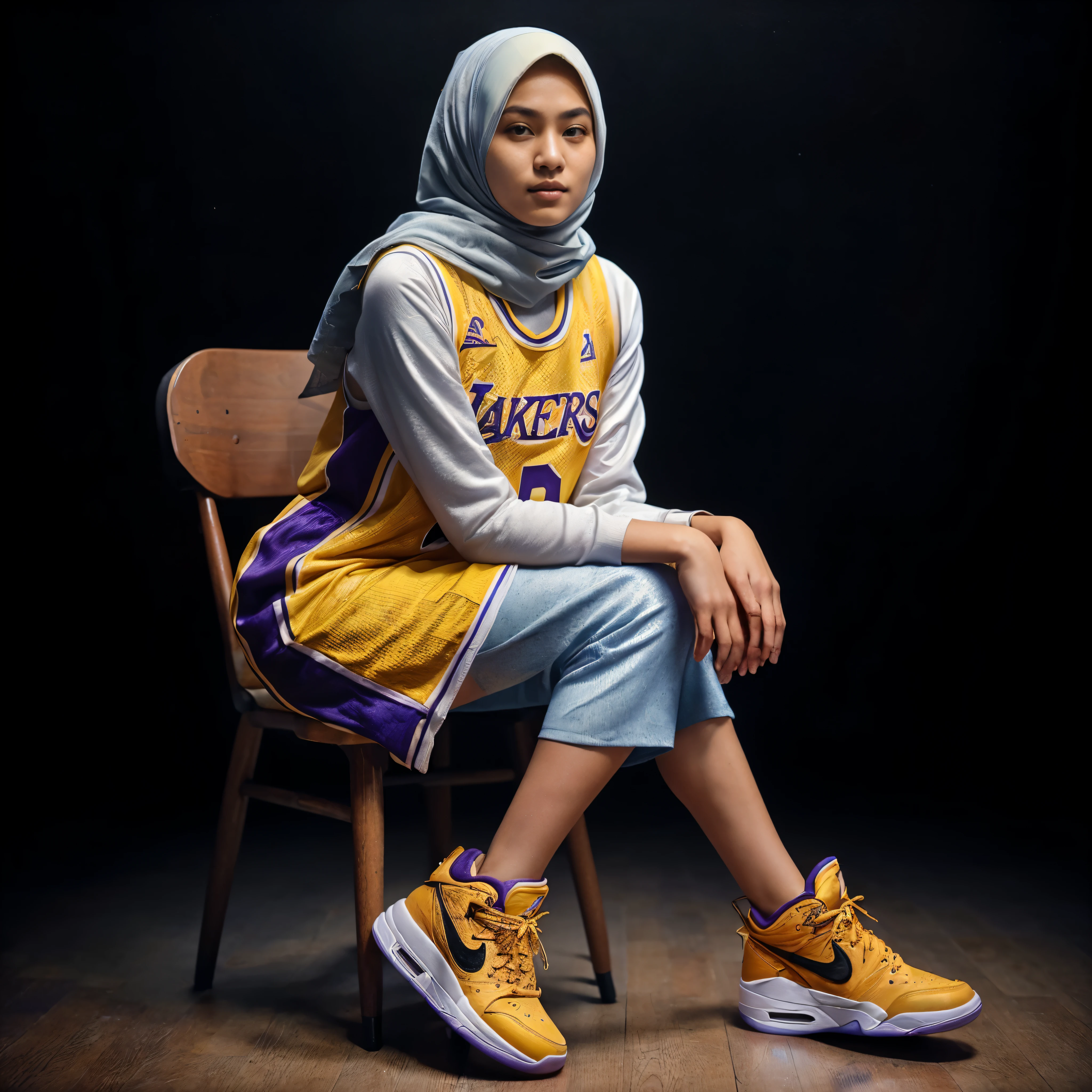 masterpiece of a 16 year old girginal Indonesian face) wearing an original basketball jersey (LA Lakers), wearing a hijab, wearing Nike (Air Jordan) shoes, sitting elegantly on a chair like a model, graceful pose, faint smile, very detailed, yellow background bright, photoshot, photography, photo realitic