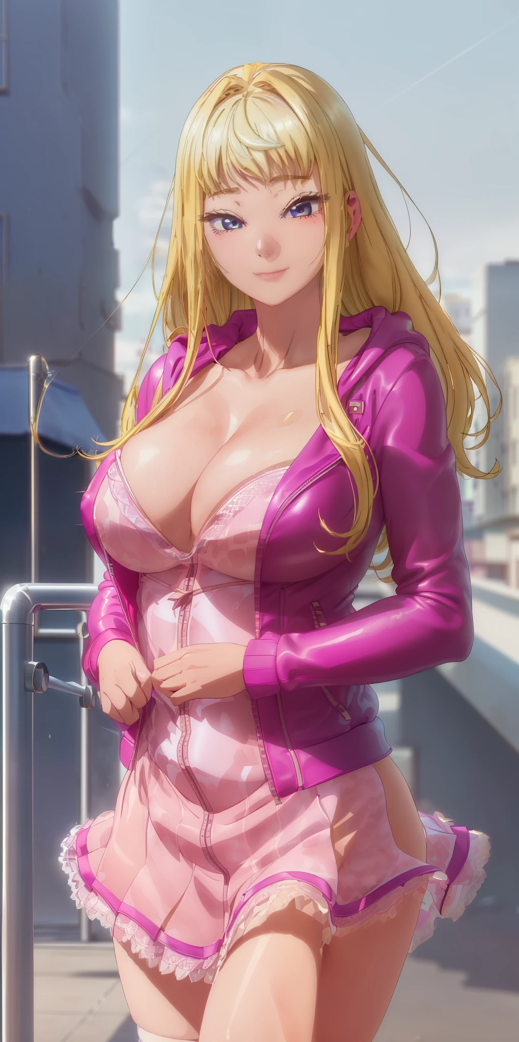 Medium breasts, she is a Beautiful Woman ((Minami Fuyuki is a beautiful gyaru)), ((blonde hair, stylish, shine, flashy hair)), double eyelids, blue and detailed eyes, hyper detailed, light effect on the eyes, detailed iris, with incredible breasts and perfect waist, and an extremely sensual body, ((leather jacket with zipper, pockets, hood, short, open in the middle of the breasts, with blouse)), ((round breasts))), makeup beautiful, cleavage, ((masterpiece, hyper realistic, hyper detailed, best quality, 16k, light and shadow effect on skin, vivid colors)), eyeliner, passionate expression, perfect pink lips, innocent and sexy face, warm smile , ((skin with light and shadow), beautifully seductive, ((she is beautiful)), sensual pose, flirting with the viewer, in a sensual pose, on a terrace, skyscrapers in the distance, city in the distance, beautifully seductive, slightly sloping body ((red skirt with lace details underneath))