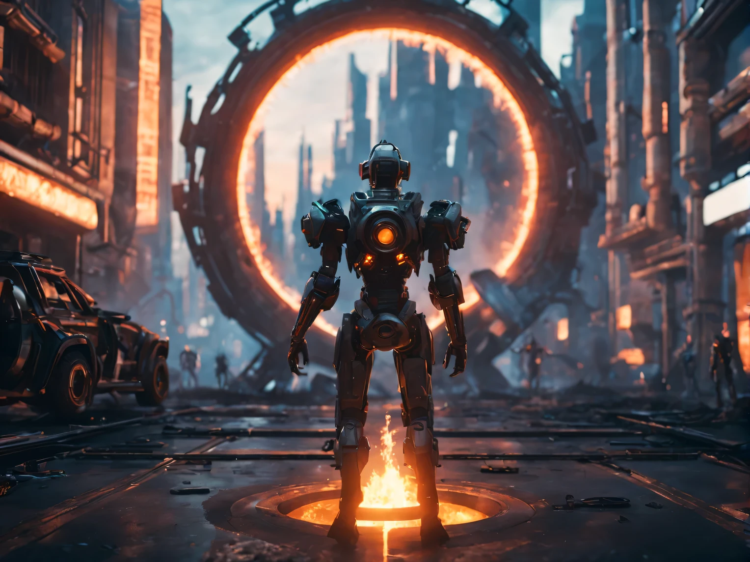 Mechanical Dragon Warrior, with fantastic weapons, combination of steampunk and cyberpunk styles, detailed plot of the battle scene between the mechanical Dragon Warrior and the alien invaders, cinematic frame, high detail, action scene, hyperrealistic, 8K
