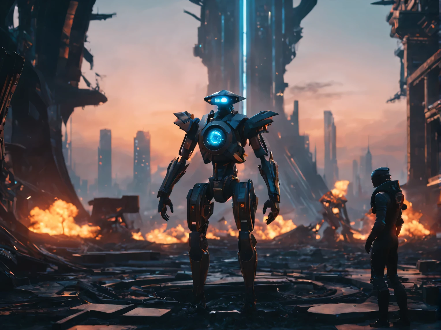 realistic cinematic shot, fantastic story with a Mechanical Warrior, (Mechanical Warrior:1,7) [fire demon:0.8] I&#39;m standing in the center of the cyber city in (Portal to another world:1.25) (In the foreground:0.3), [unknown aliens in the background:0.8], (Science fiction:1,4) [cyberpunk:0.6], a high resolution, high detail, Maximum realism, cinematic treatment, dynamic lighting, ray tracing, sunset action scene