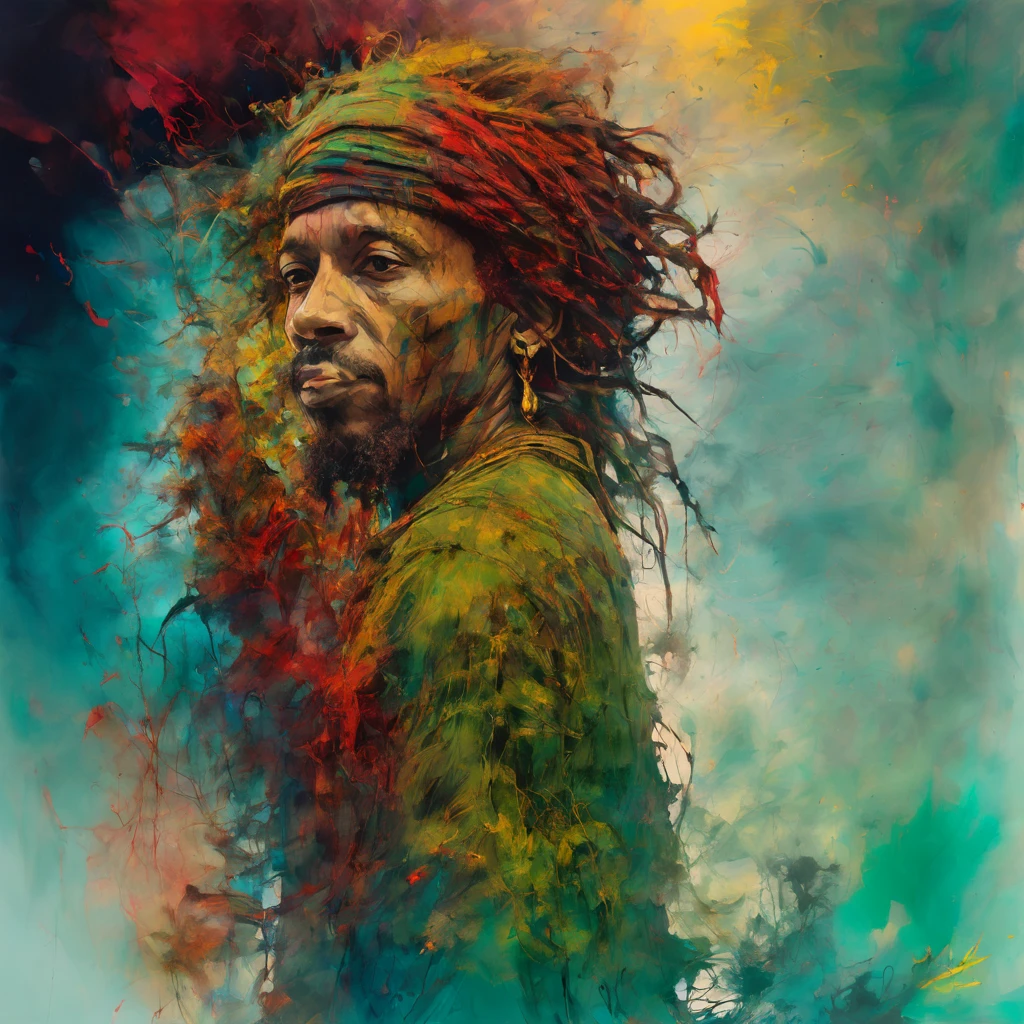 Rastafarian theme ink sketch mingling Franklin Booth precision with Carne Griffiths' organic flow, emulating Jeremy Mann's moodiness and Tsutomu Nihei's structural complexity, post-Impressionism inspired, layers upon layers interlacing, double exposure effusing whimsical fog, Pacific symbolic elements such as marijuana leaves, a prominent jumbo drum, colors bleeding into a foggy tricolor palette of green, yellow, red, reminiscent of Bob Marley, ink streams, sharp focus, studio setting, accentuating intricate details, highly detailed. Highest image quality、highest quality、highest resolution、masterpiece.
