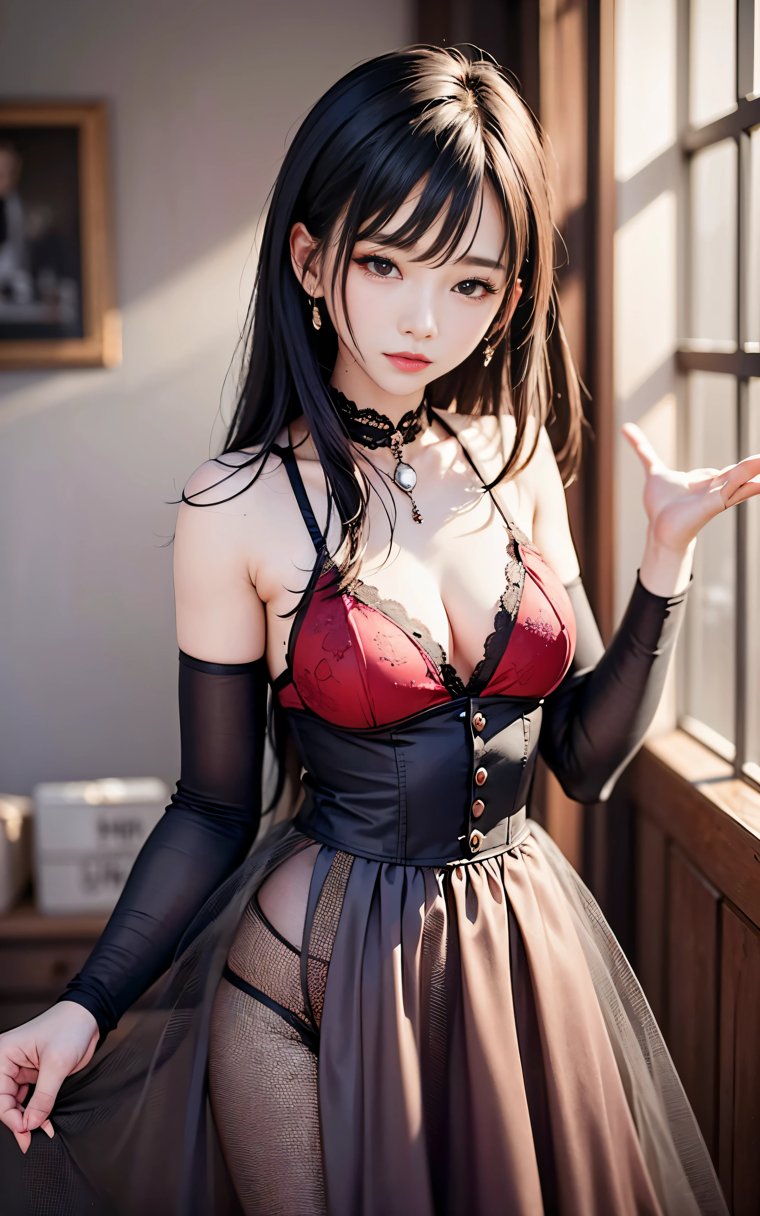 highest quality,masterpiece,High resolution,(beautiful face),looking at the viewer,Are standing,((whole body)),gloved hands,right arm hanging down、((red lace dress))