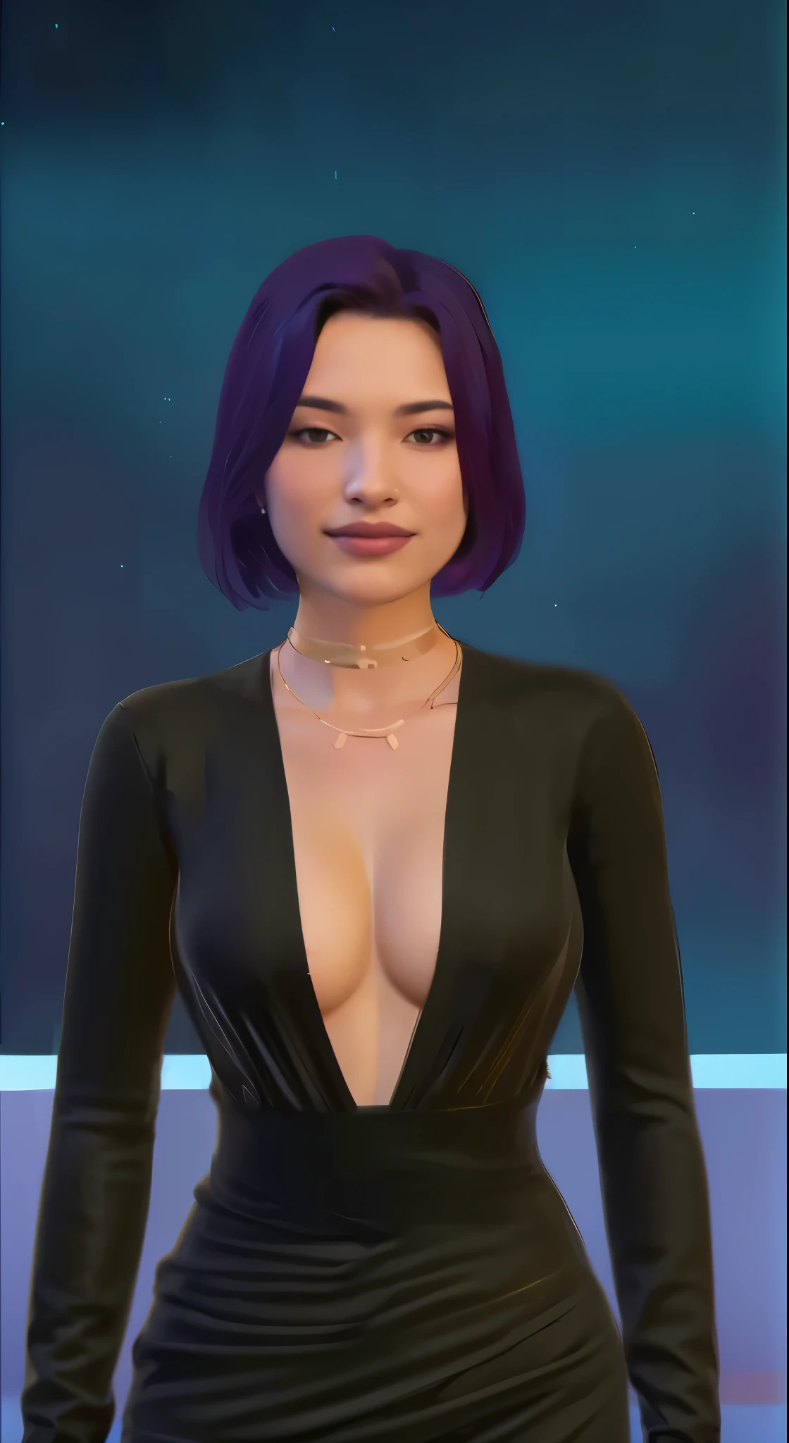 a young woman in a low cut skimpy dress, smiling, hair parted to the side. Background like a Van Gogh painting. Ultra realistic, high definition.